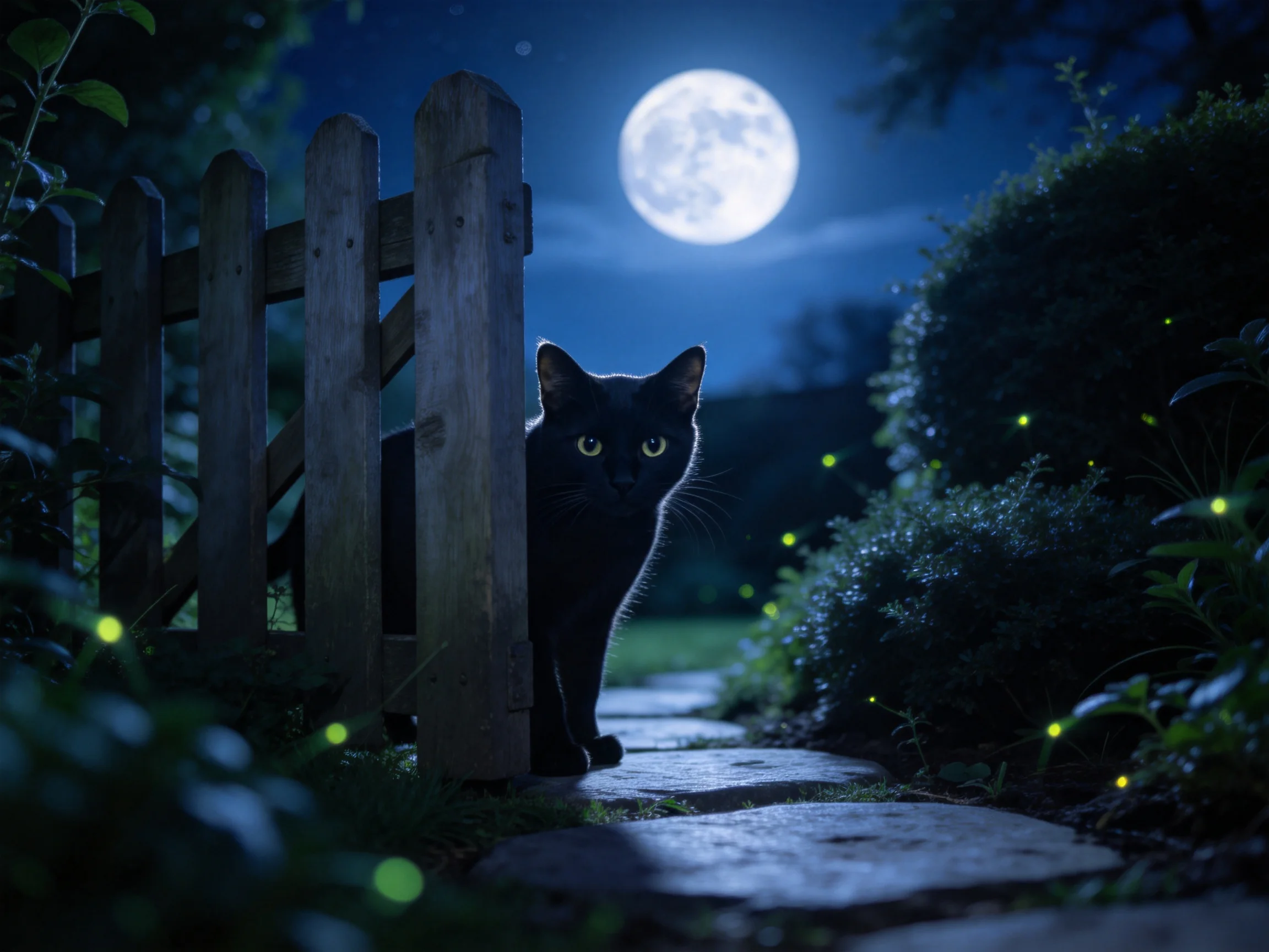 短毛黑猫在月光下从木栅栏处探出头,黄色眼睛明亮,黑色皮毛光滑有光泽。
