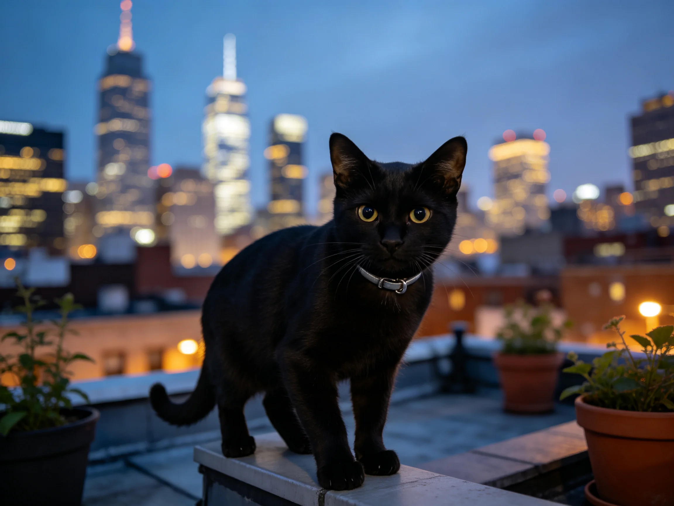 一只短毛黑猫站在屋顶露台的矮墙上,黄色的眼睛注视着镜头,黑色的被毛在暮色中清晰可见。