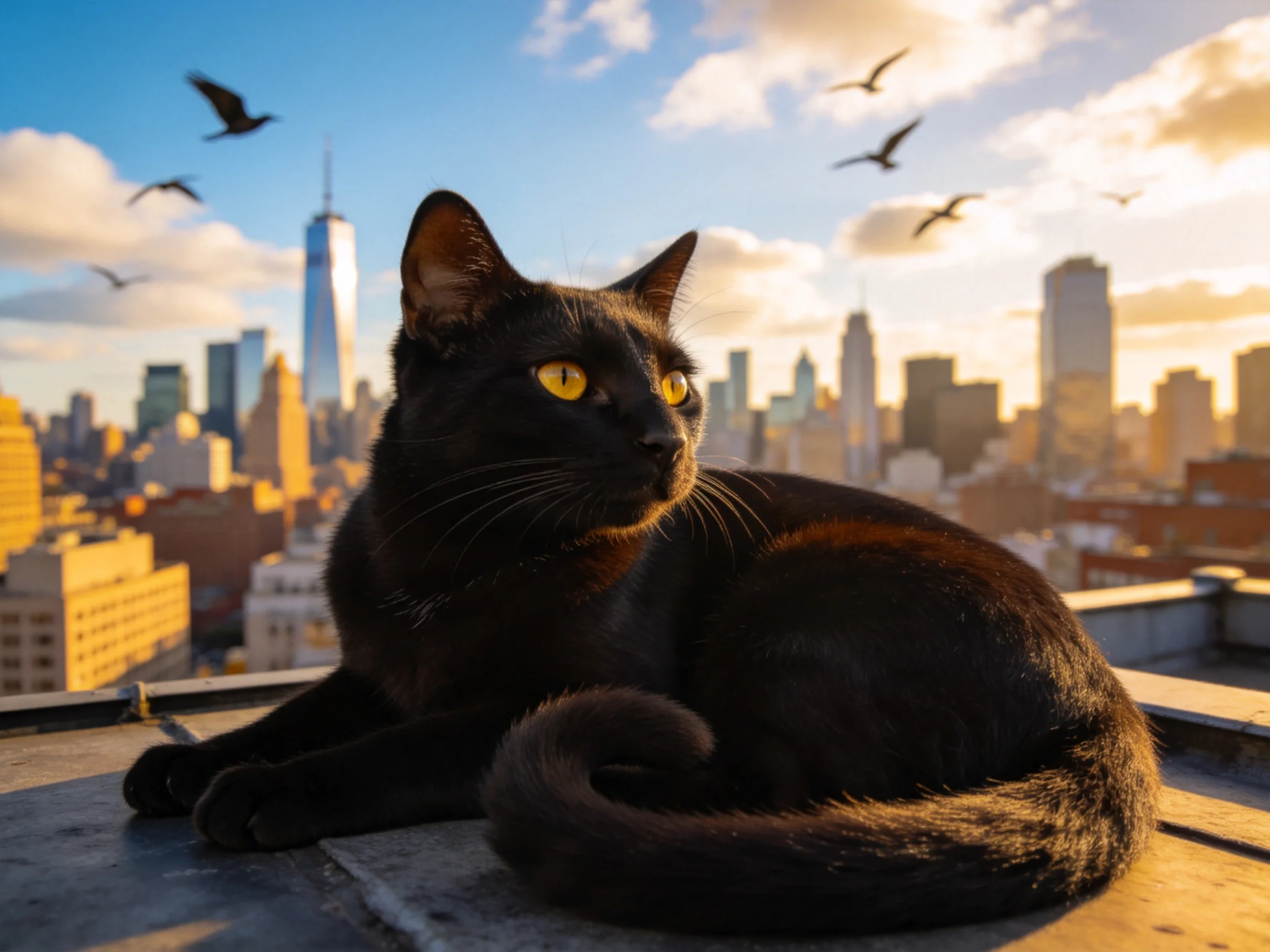 短毛黑猫趴在露天平台上,黄色的眼睛明亮,黑色的毛发顺滑贴附在身体表面。