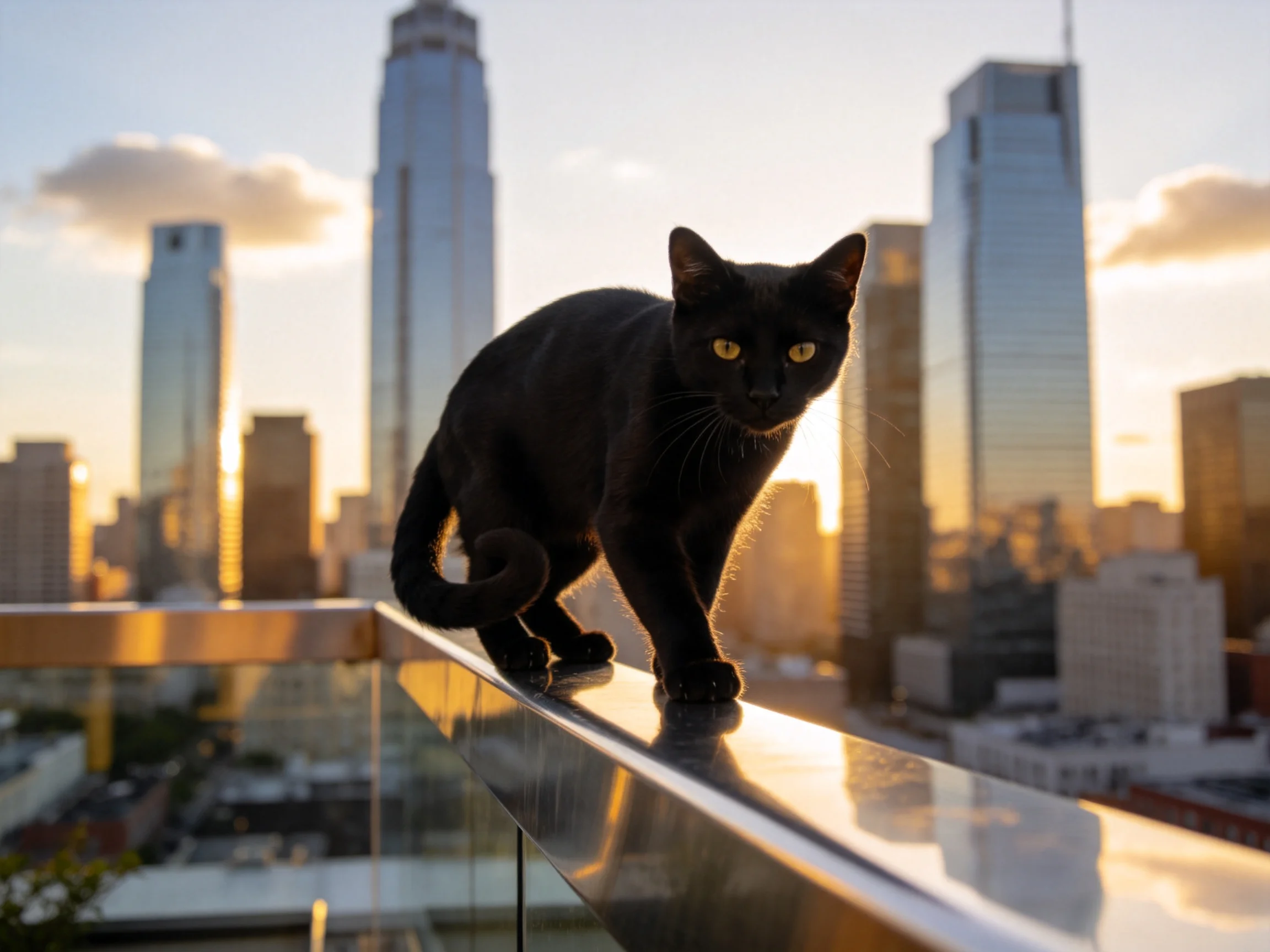 短毛家猫站在露台栏杆上,黑色短毛在夕阳下形成剪影,黄色眼睛明亮注视前方。