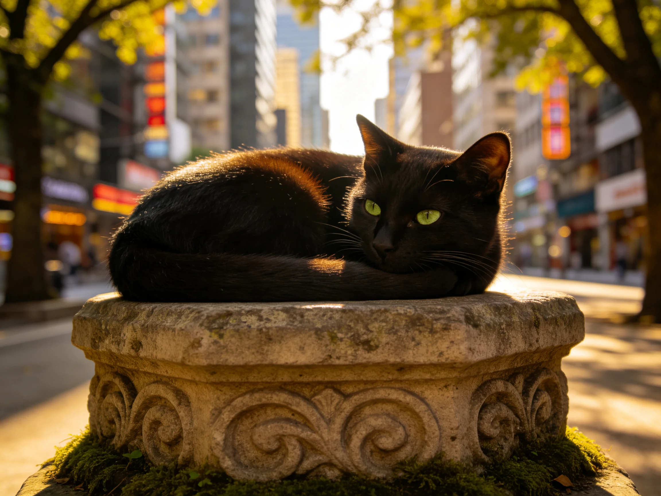 短毛黑猫有着乌黑的被毛和明亮的绿色眼睛,正安静地蜷缩在石坛上,阳光照在其皮毛上泛着温润光泽。