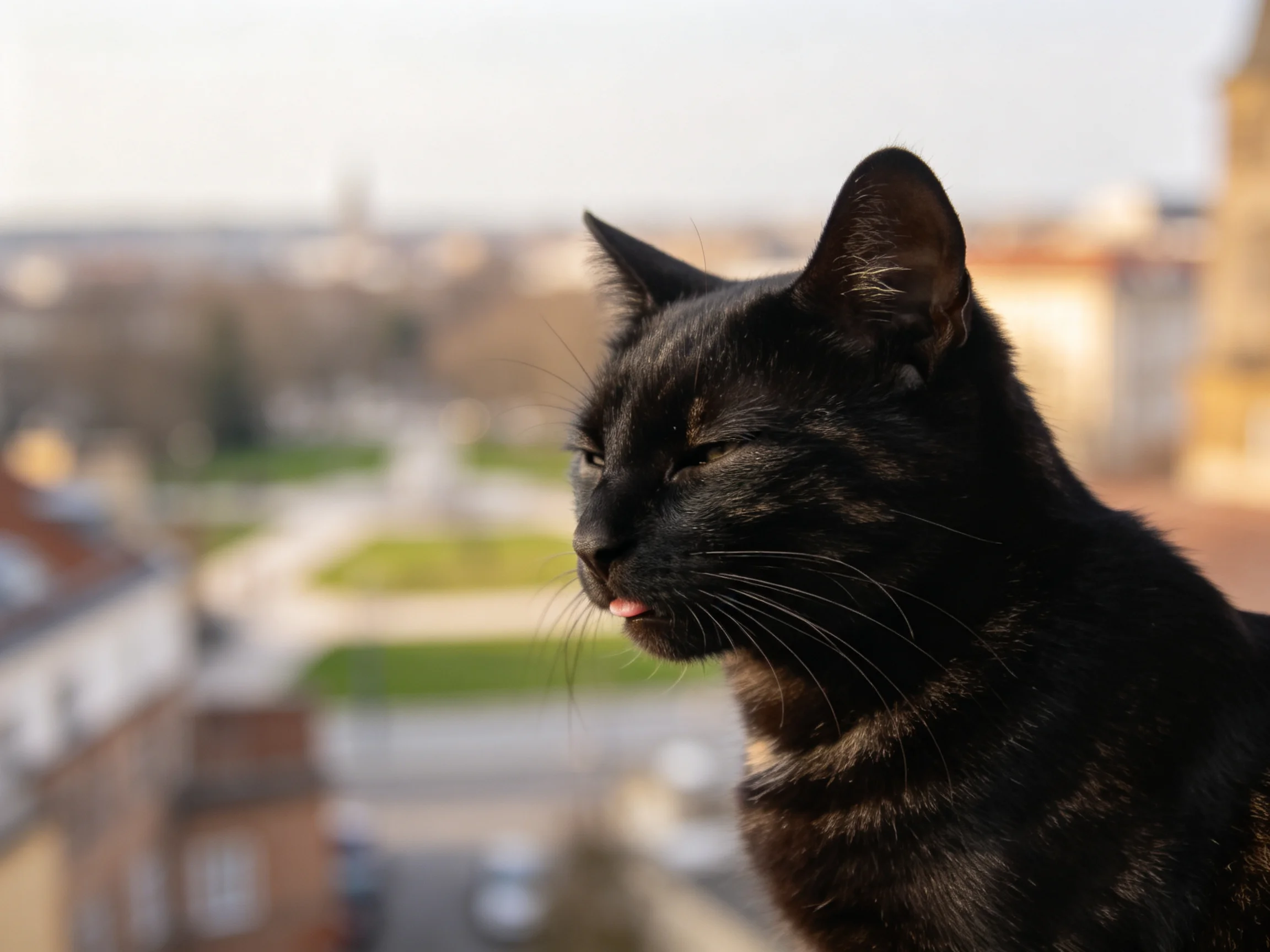 玳瑪色猫咪安静坐姿,黑色皮毛泛着光泽,耳朵竖立观察远处城市景象,胡须清晰可见。