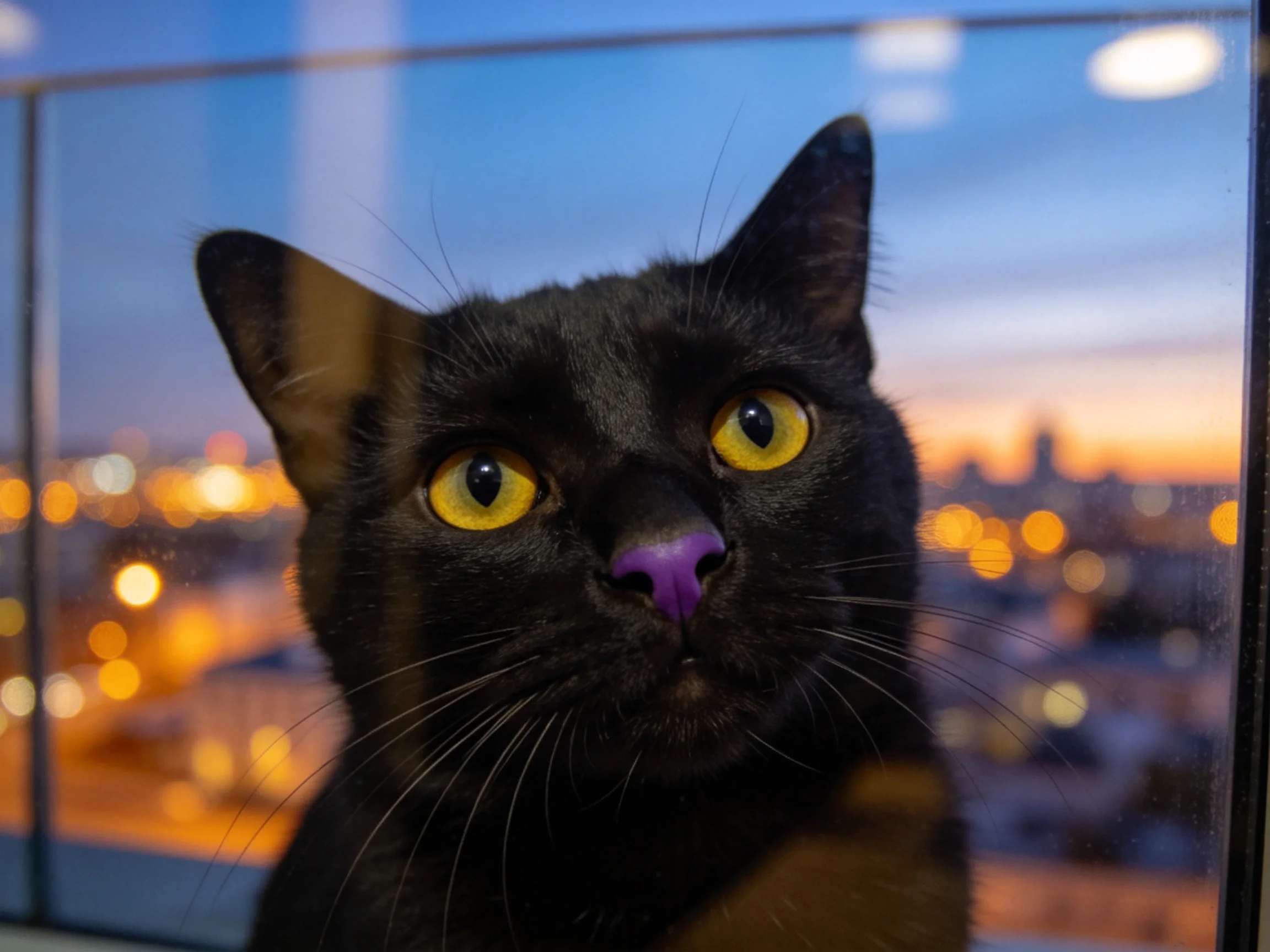 短毛家猫有着明亮的黄色眼睛和独特的紫色鼻头,正站在窗前观察外界。
