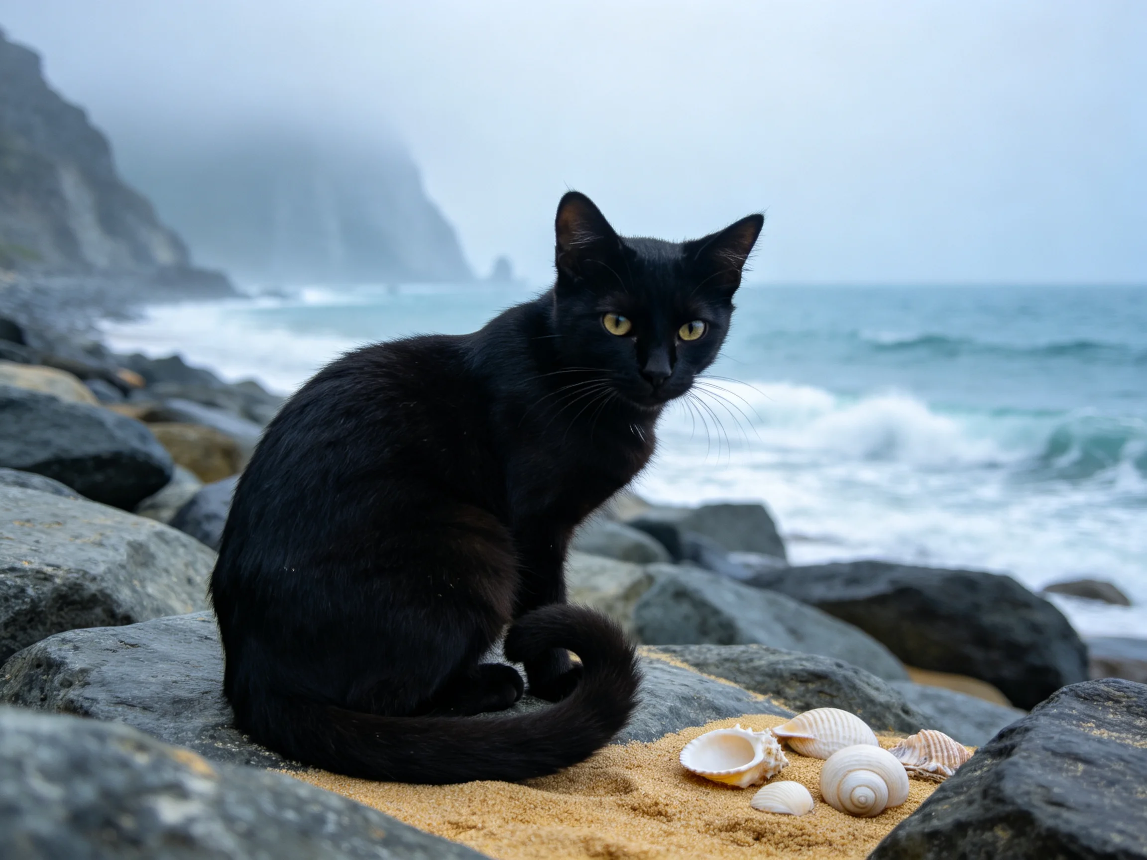 短毛家猫黑色皮毛光滑有光泽,正坐在海边岩石上观察周围景象。