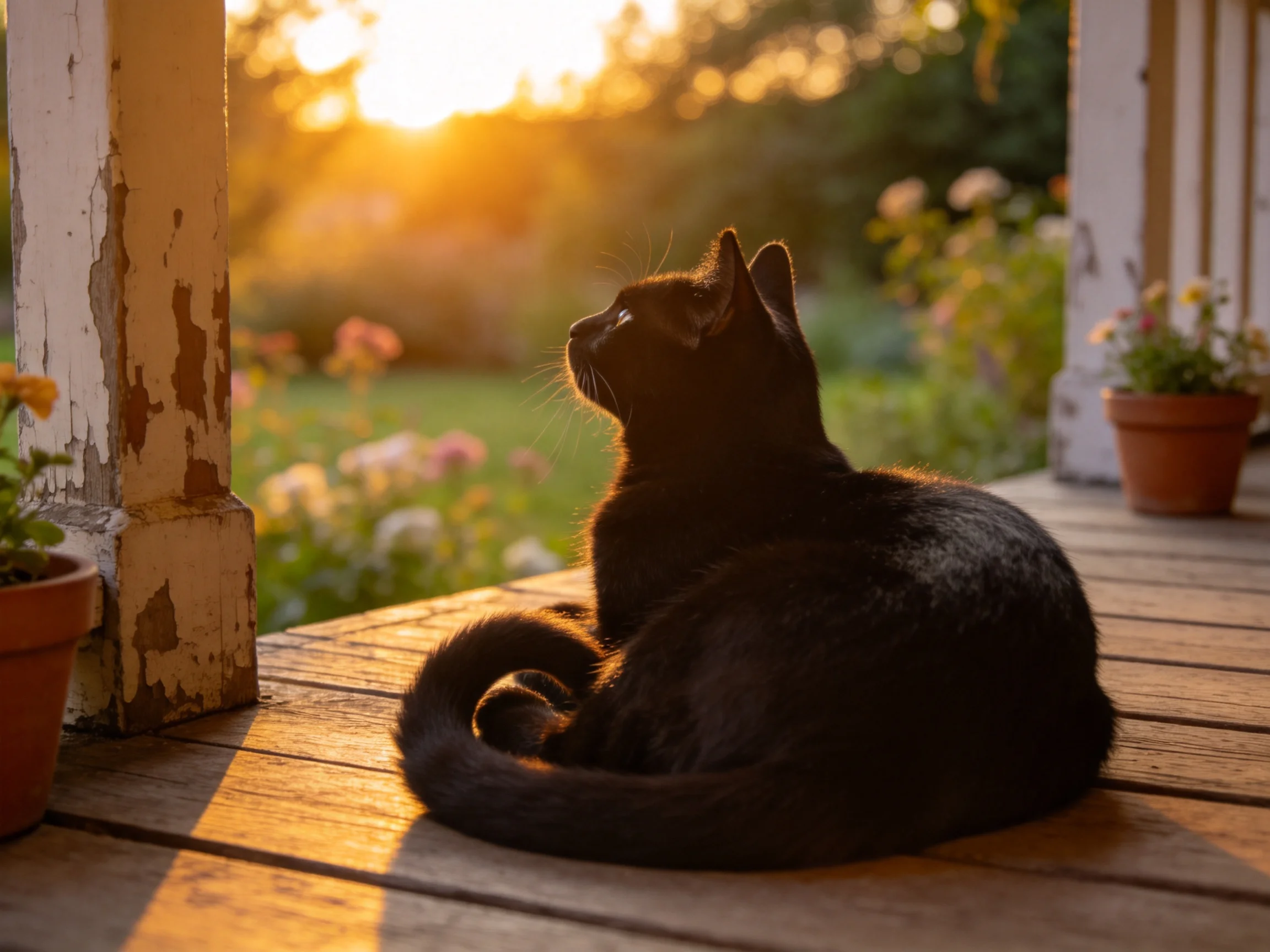 一只短毛家猫安静地坐在木质平台上,黑色的皮毛在夕阳下显得格外有质感,眼睛专注地望向远方。
