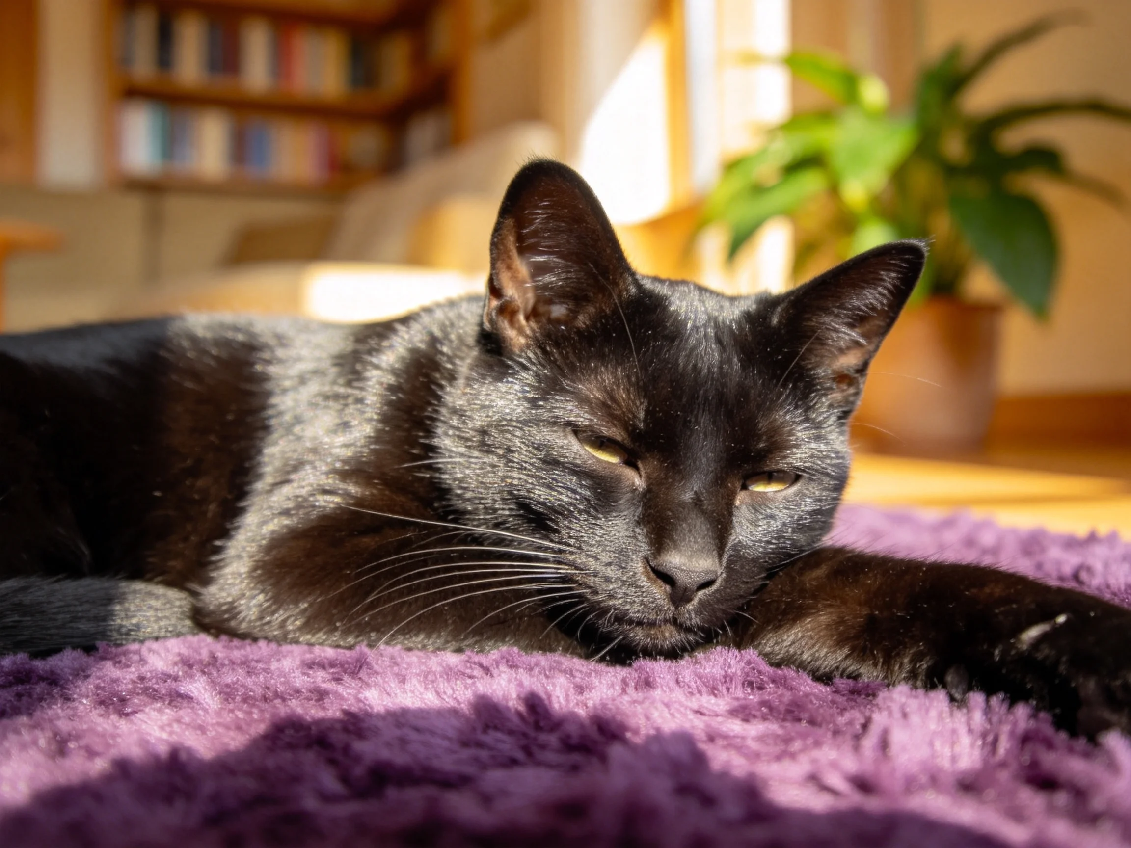 短毛黑猫趴在紫色地毯上,眼睛半睁,黑色皮毛有光泽。
