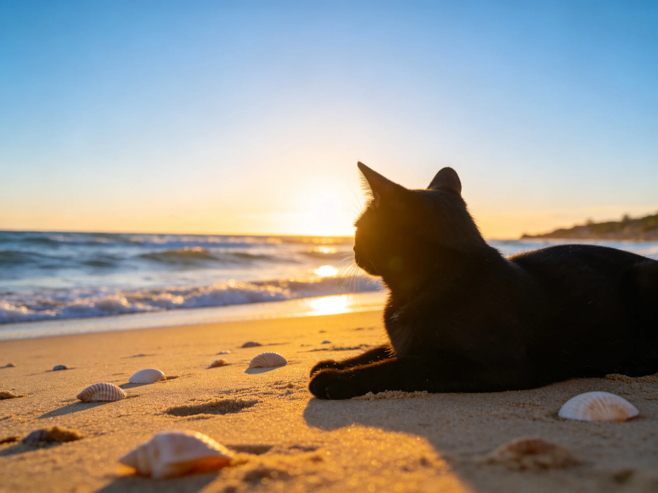 黑毛家猫黑色的皮毛在夕阳下呈现出剪影效果,耳朵附近的阳光形成柔和光影变化。