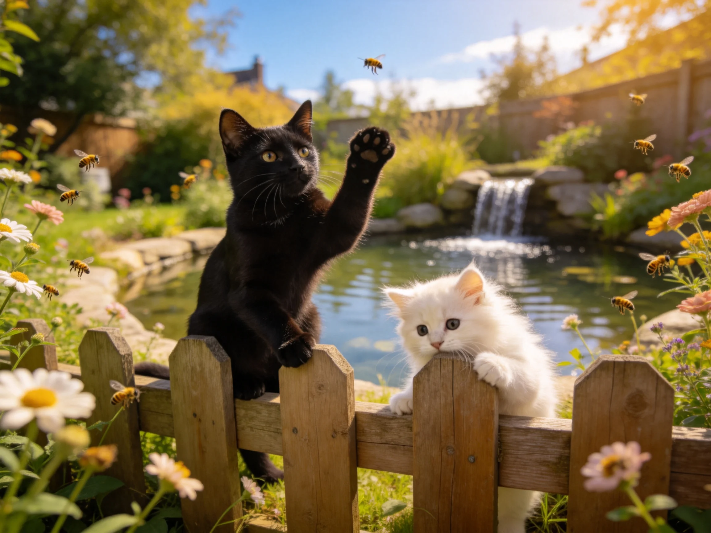 黑色短毛家猫抬爪欲触碰空中飞行的蜜蜂,白色短毛小猫趴在木栅栏上注视周围景象,阳光照耀下呈现生动互动场景。