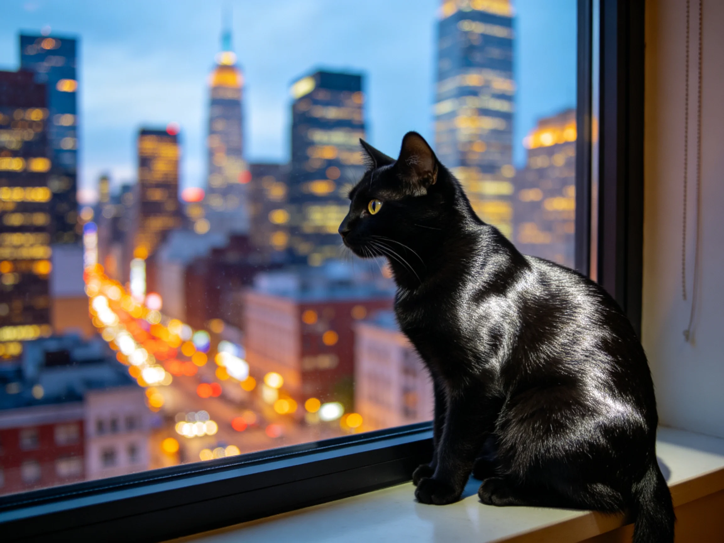 短毛黑猫有着油亮的黑色皮毛,正安静地坐在窗台上眺望城市夜景。