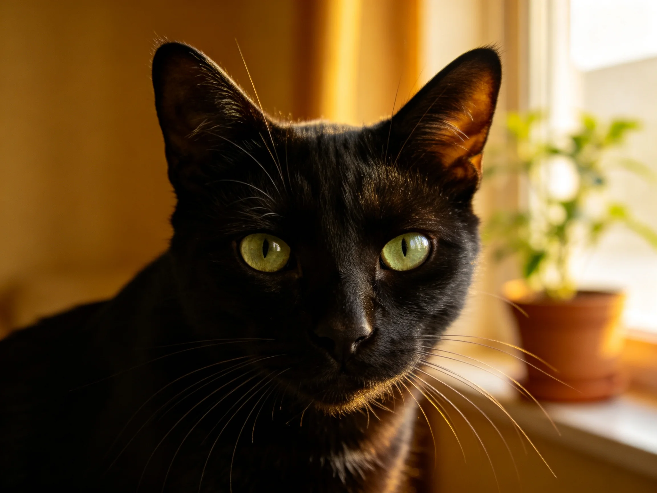 一只黑色短毛家猫,拥有明亮的绿色眼睛,安静地坐在窗边,皮毛光滑有光泽。