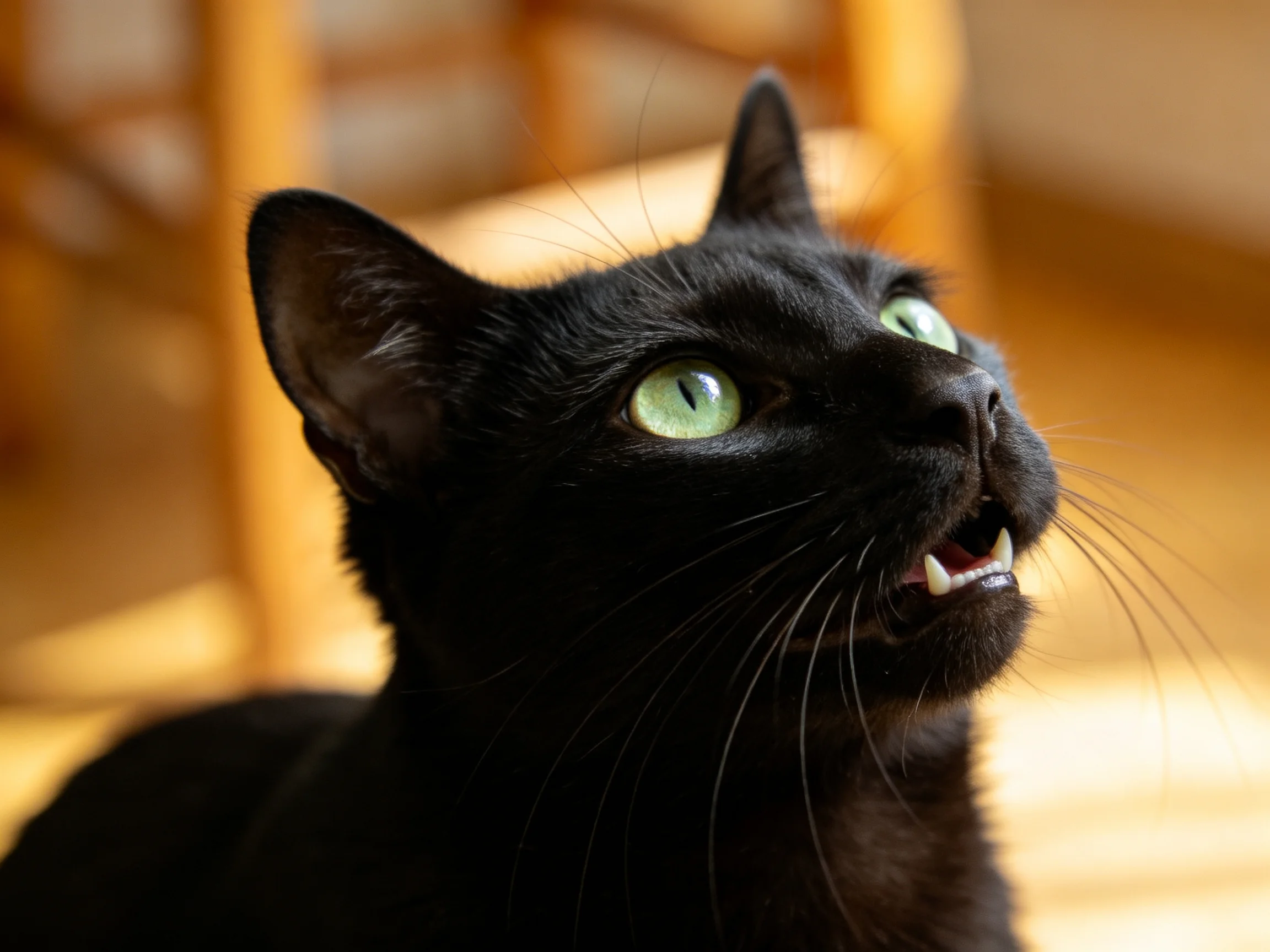 黑色短毛家猫,拥有明亮翠绿色的眼睛,嘴巴微张露出白色牙齿。