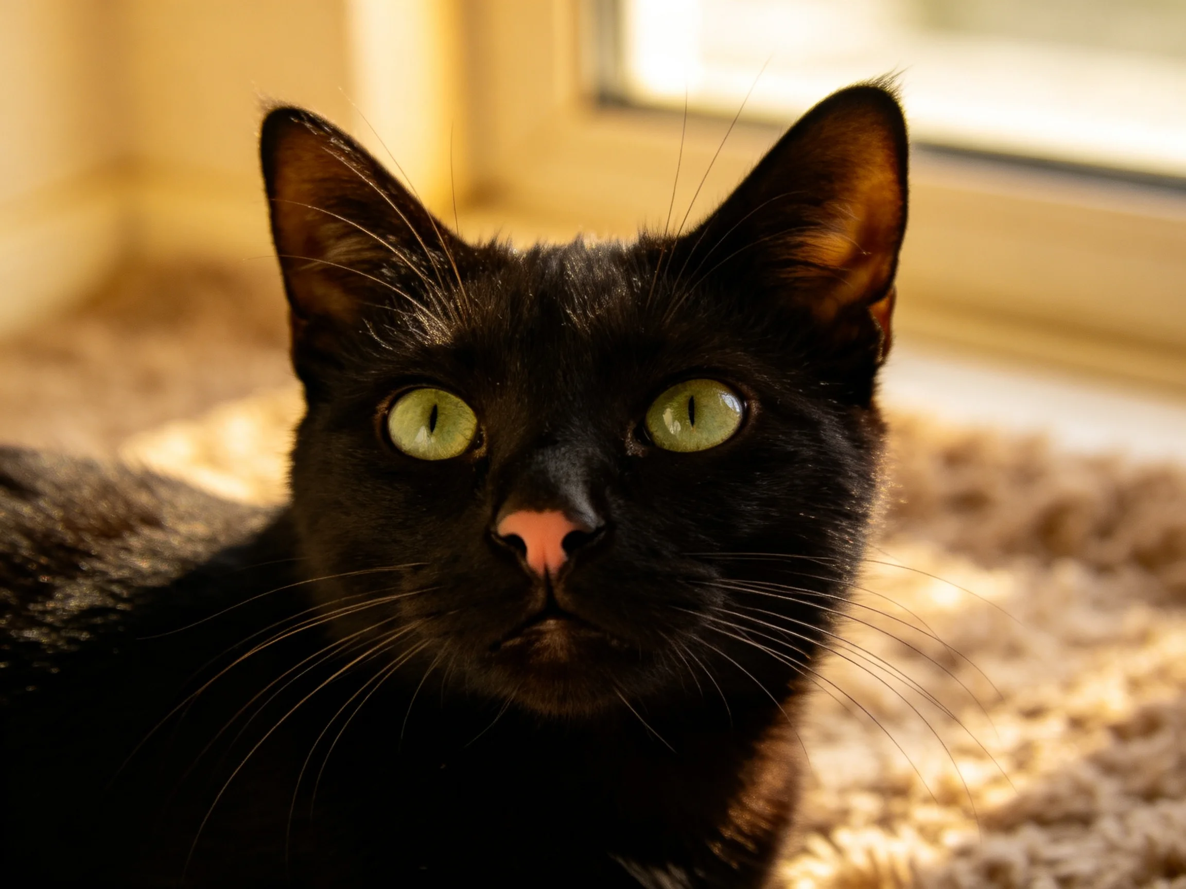 一只短毛家猫有着乌黑的皮毛和明亮的绿色眼睛,趴在柔软的地毯上注视着镜头。