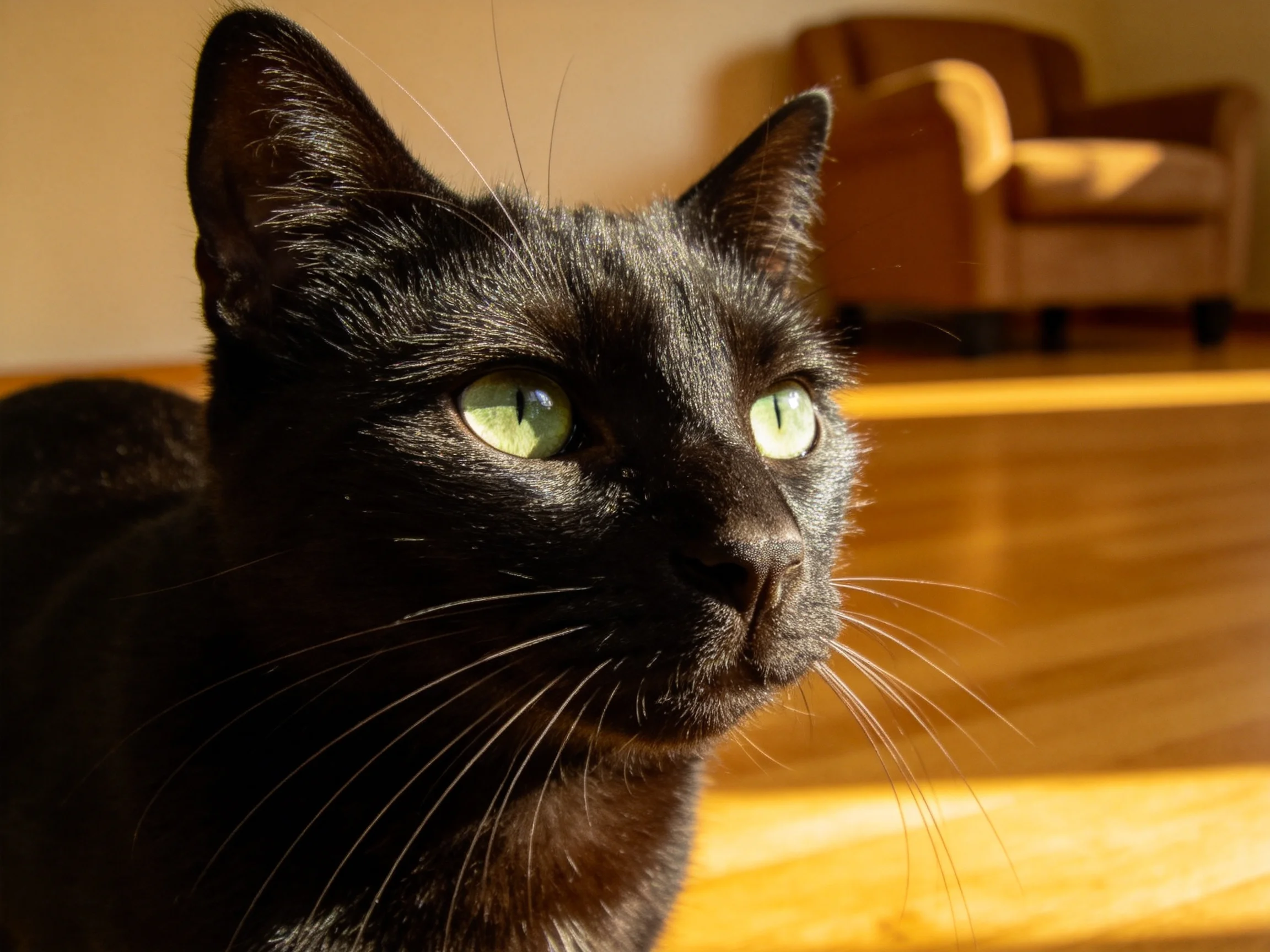 绿眼短毛黑猫专注凝视,黑色被毛有光泽,绿色眼睛明亮。