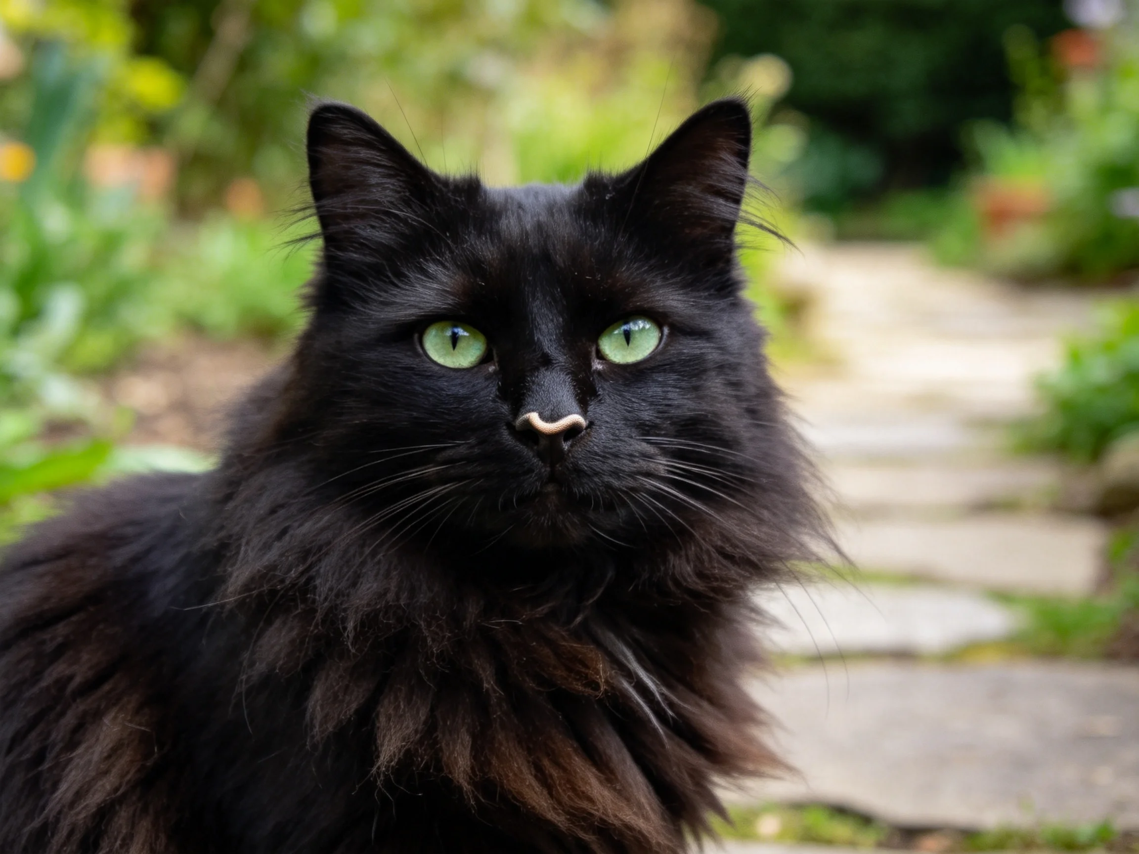 长毛黑猫有着浓密的黑色毛发和绿色的眼睛，鼻端有装饰性饰件，毛发蓬松贴附身体。