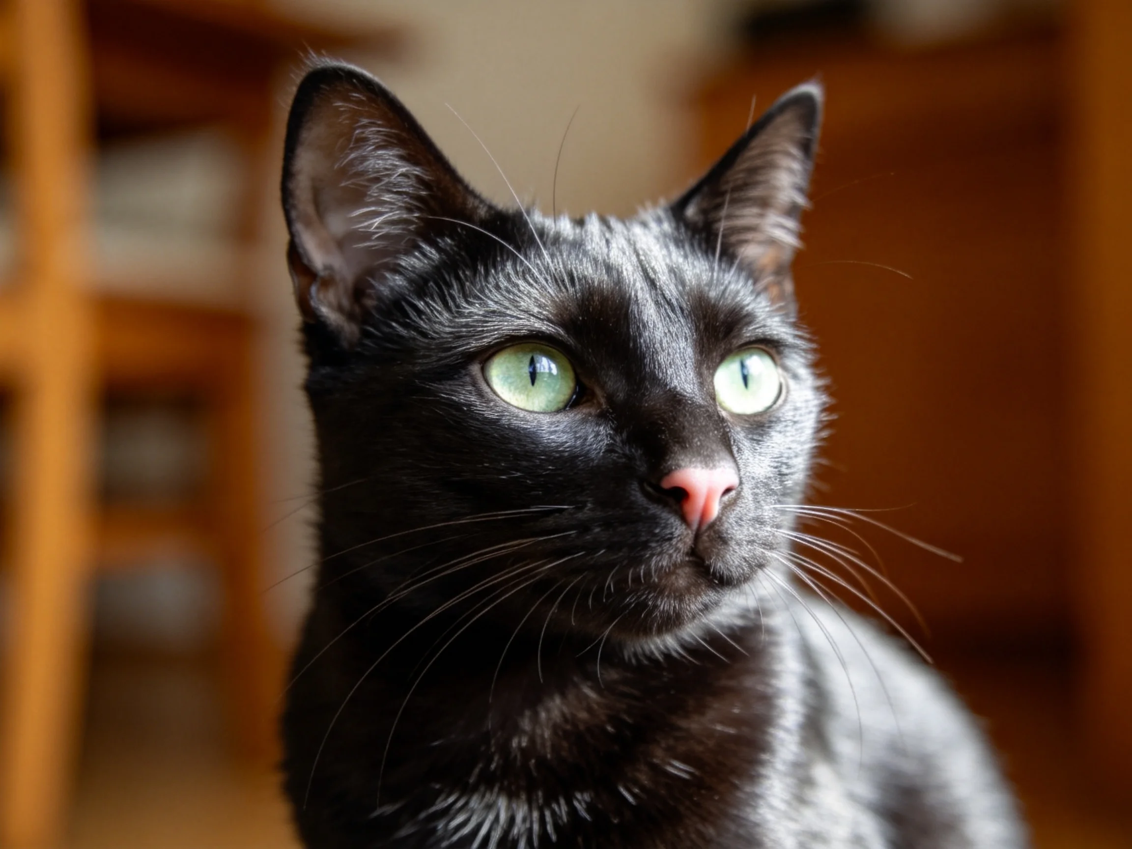 一只短毛家猫,拥有乌黑光滑的被毛和明亮的绿色眼睛,胡须修长挺直。