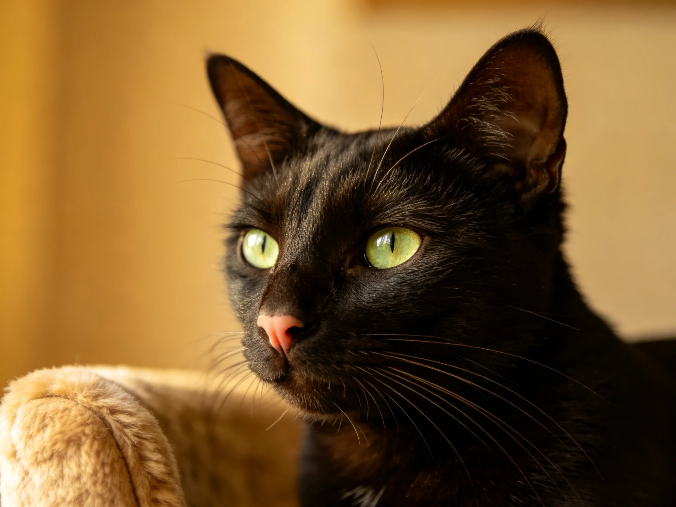 一只短毛家猫,拥有乌黑被毛和明亮绿色眼睛,胡须清晰可见。