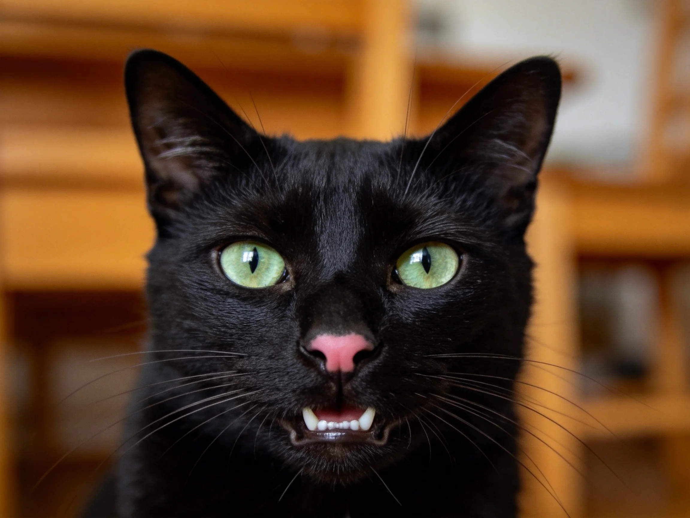一只黑色短毛家猫,拥有绿色眼睛和粉红色鼻头,正面向镜头注视。