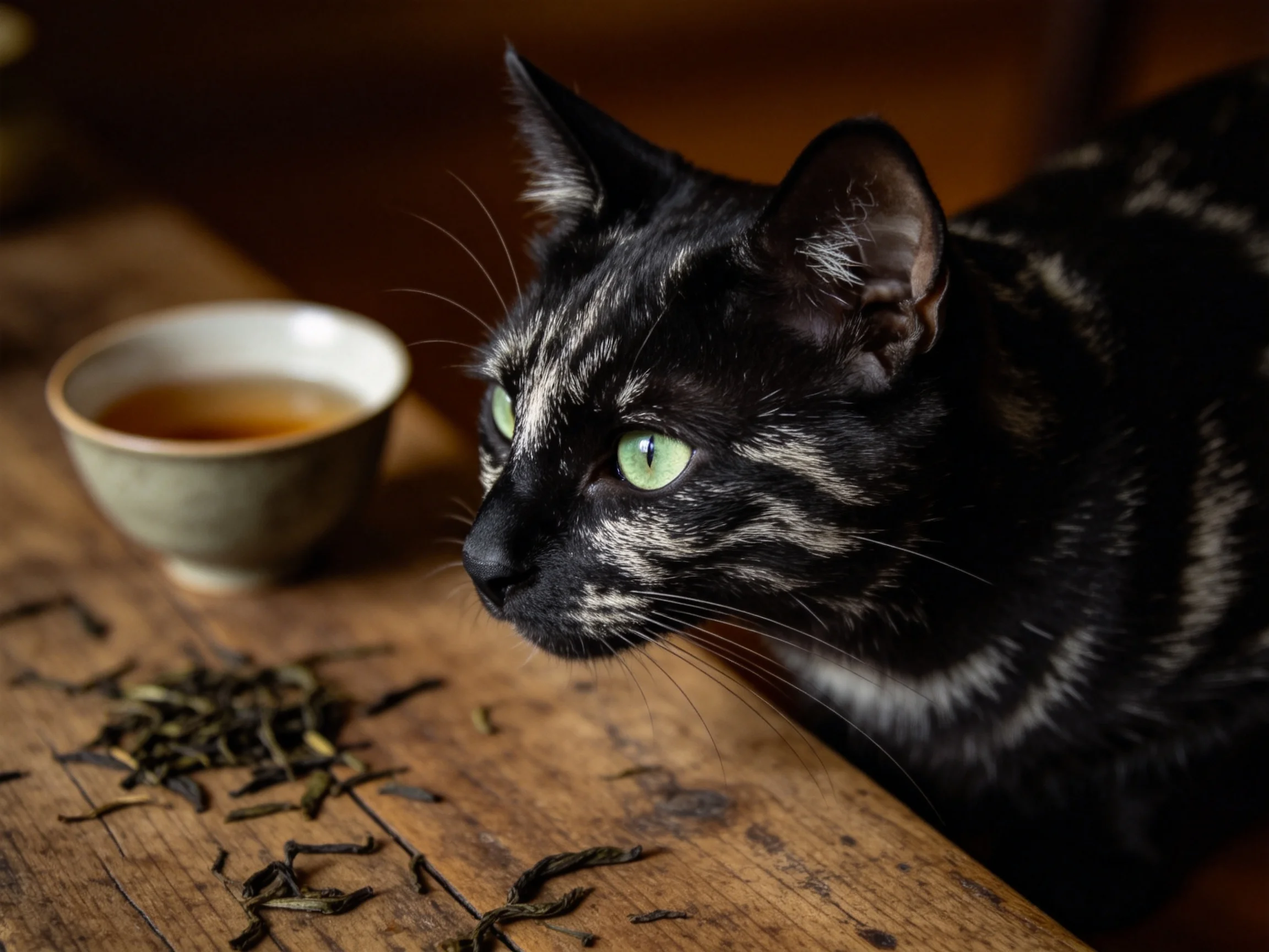 银纹短毛家猫有着绿色眼睛和带有银纹的黑色皮毛,正专注地注视着桌面的茶叶。