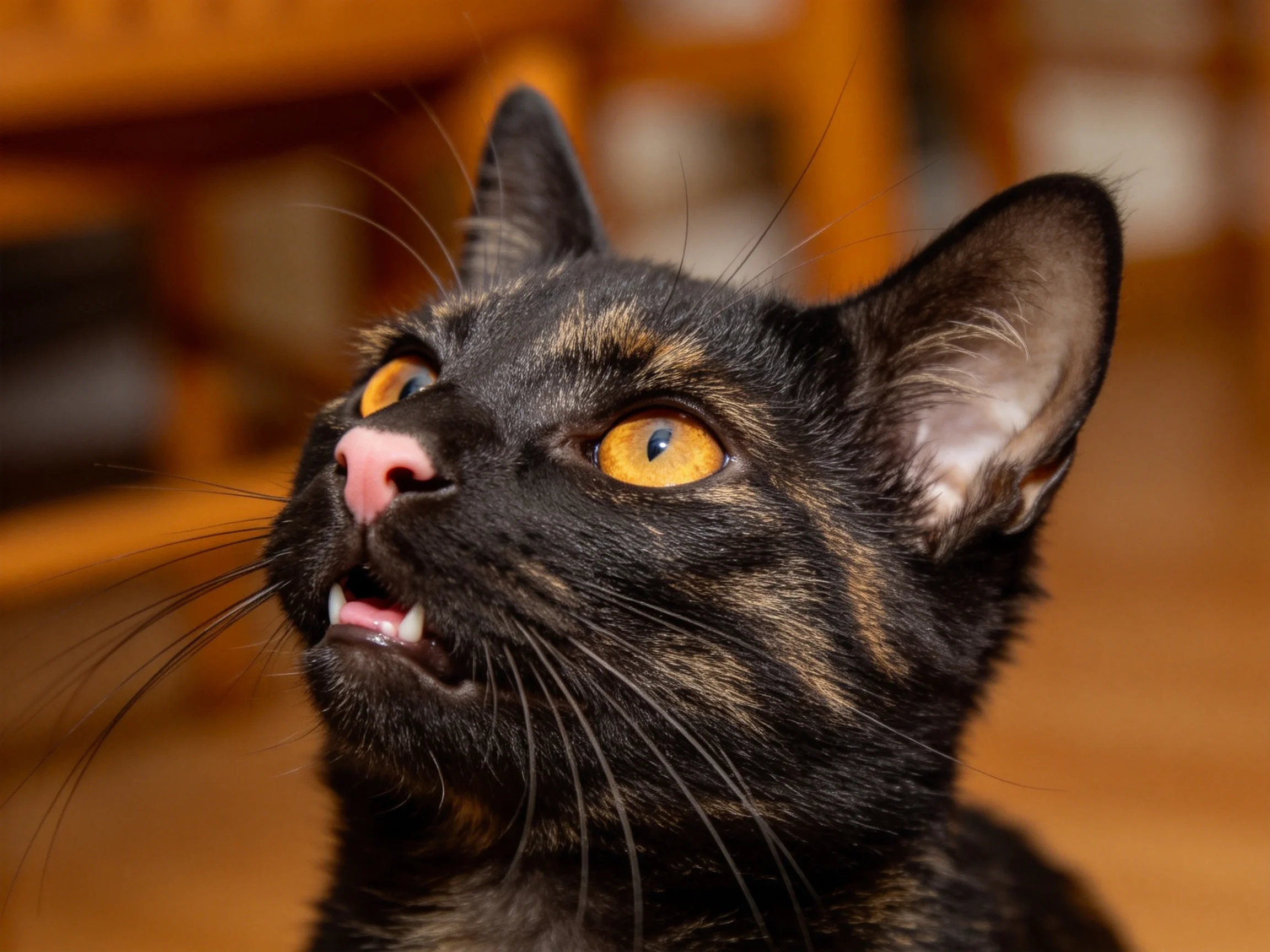 玳瑁猫,黄色眼睛明亮,黑棕相间纹理清晰,耳朵竖起,处于室内环境。