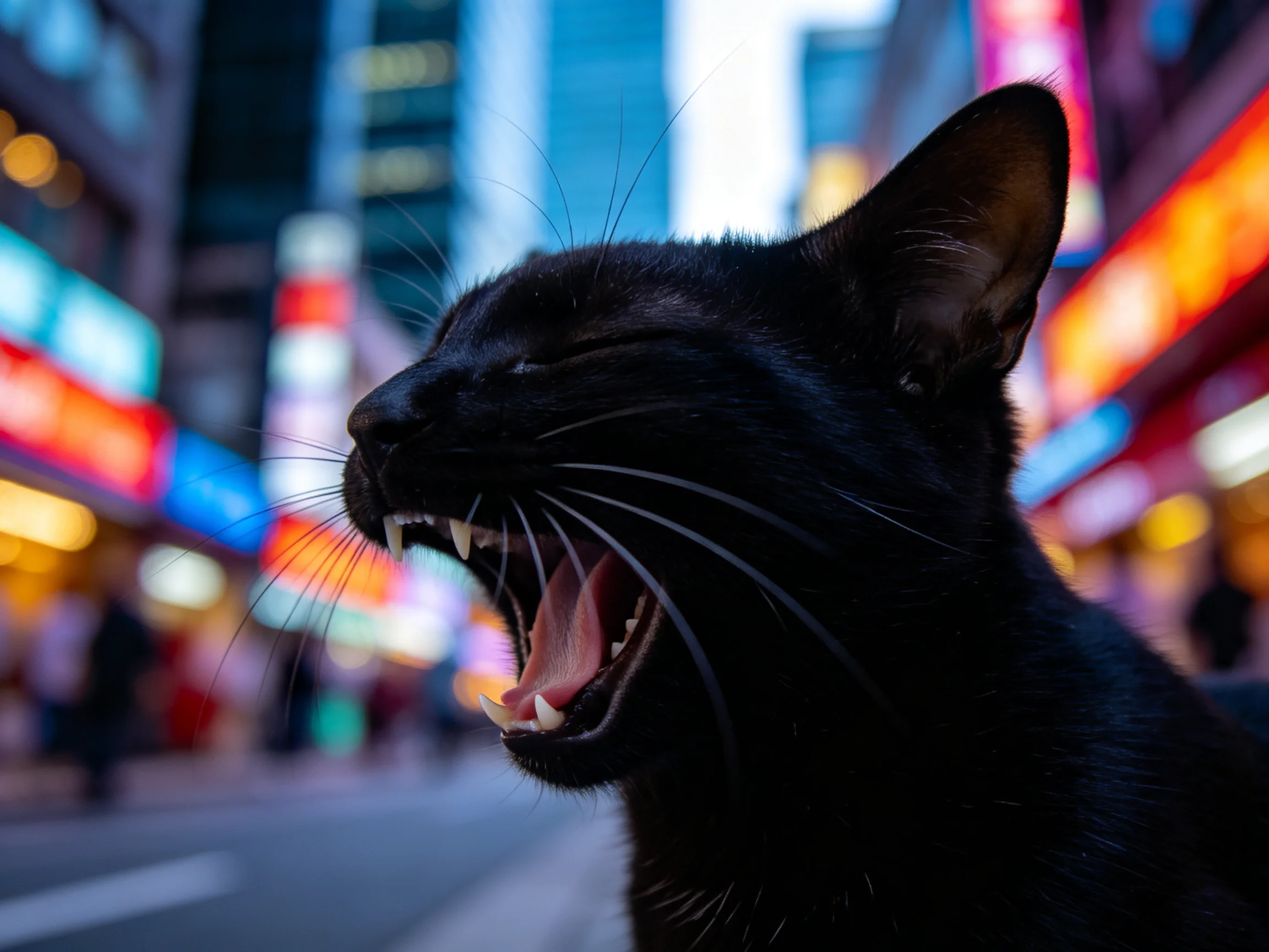 黑色短毛家猫张嘴打哈欠,白色胡须清晰可见,嘴巴张开露出牙齿。