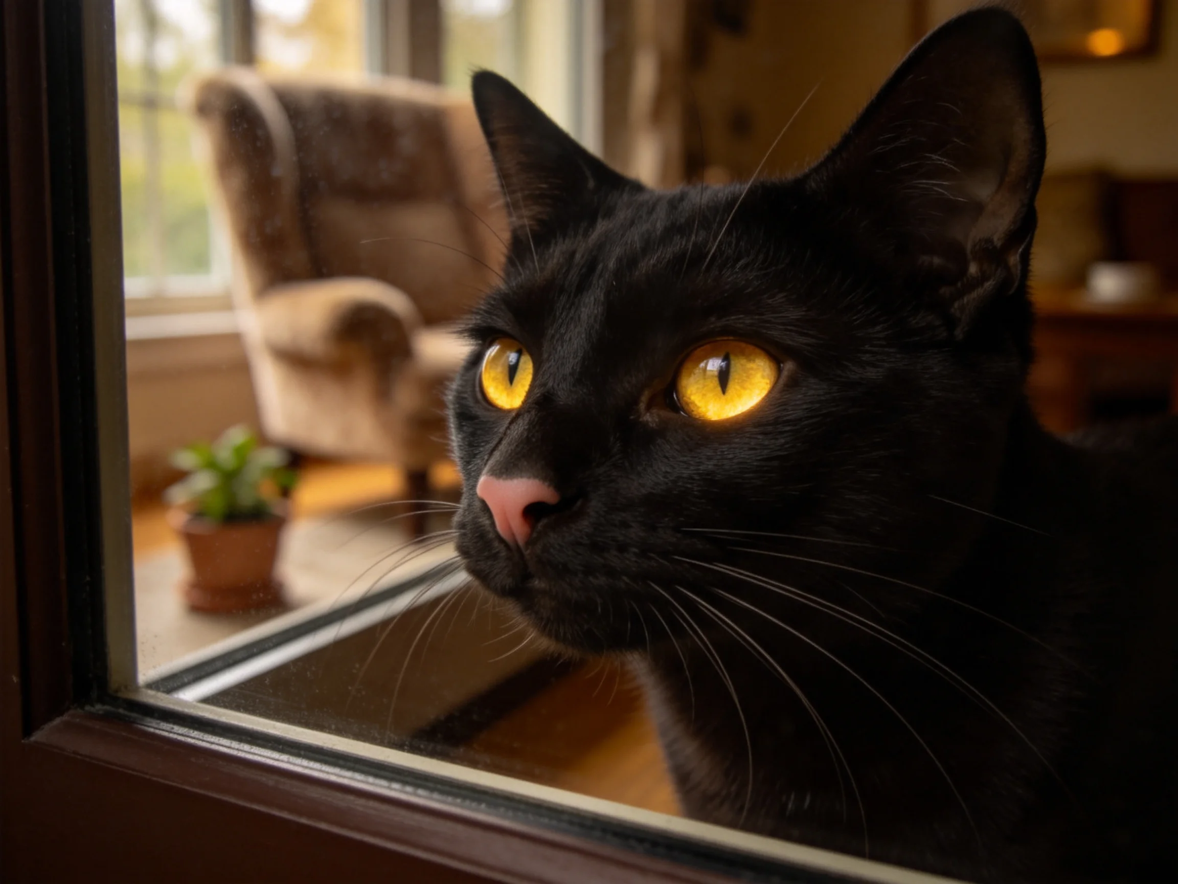 一只短毛黑猫,拥有乌黑皮毛和明亮黄色眼睛,正透过玻璃门凝视,白色的胡须清晰可见。