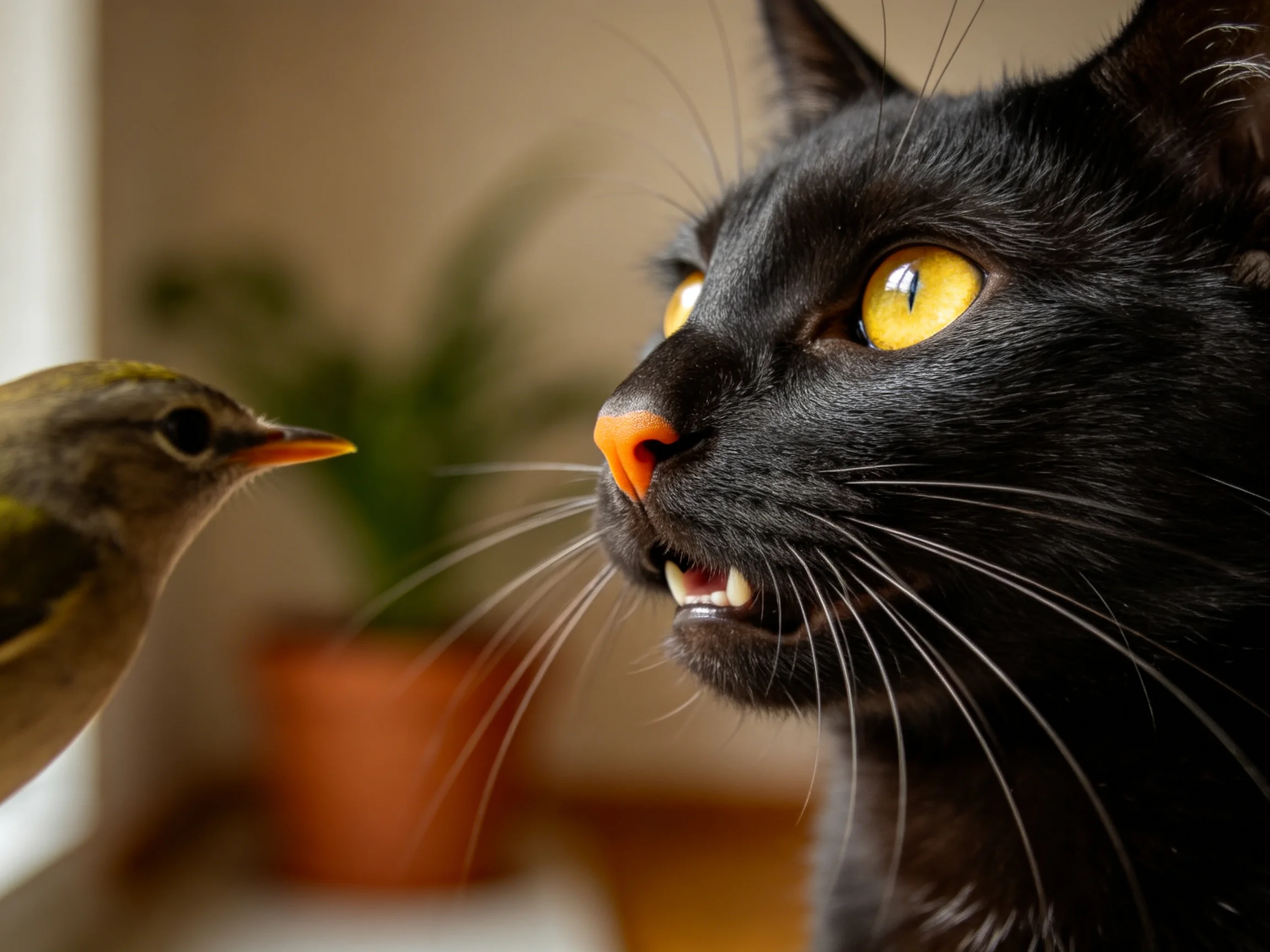 一只短毛家猫凝视着旁边的小鸟,猫咪黄色的眼睛和黑色皮毛清晰可见。
