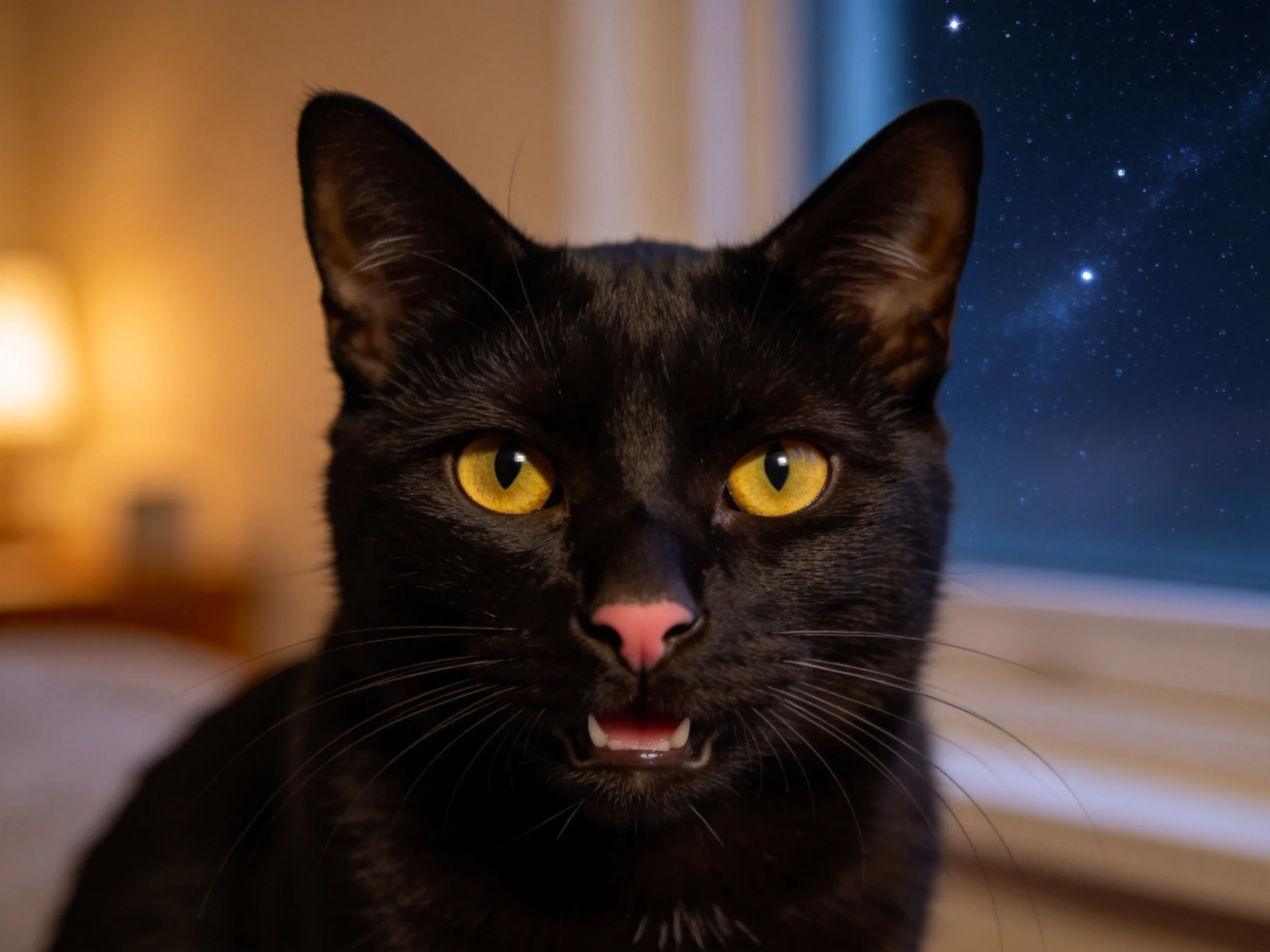 黑色短毛家猫拥有明亮黄色眼睛,粉红色鼻尖清晰可见,短而顺滑的被毛在光线照射下质感分明。