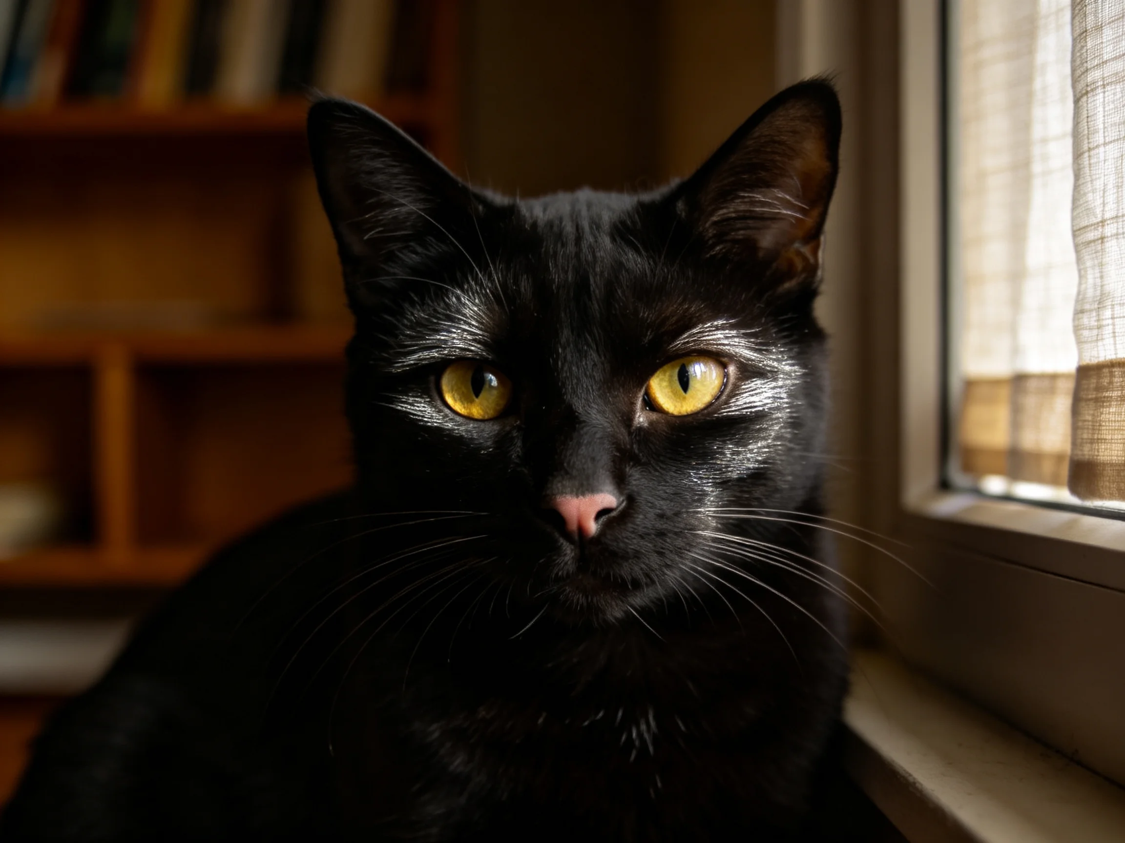 黑短毛家猫有着明亮的黄色眼睛和黑色的被毛,坐在靠近窗户的位置。