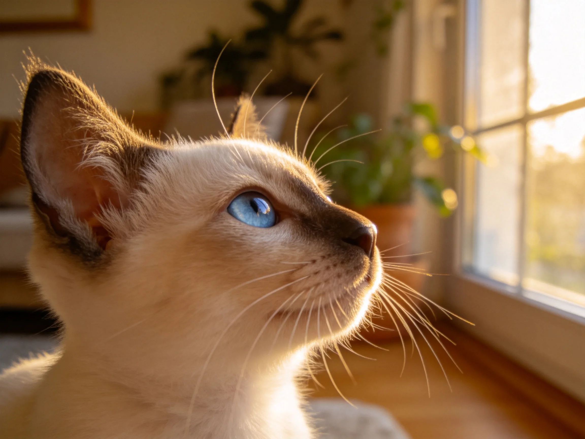 一只暹罗猫,拥有蓝色眼睛和浅色毛发,正凝视着窗外的景象,毛发短而顺滑。