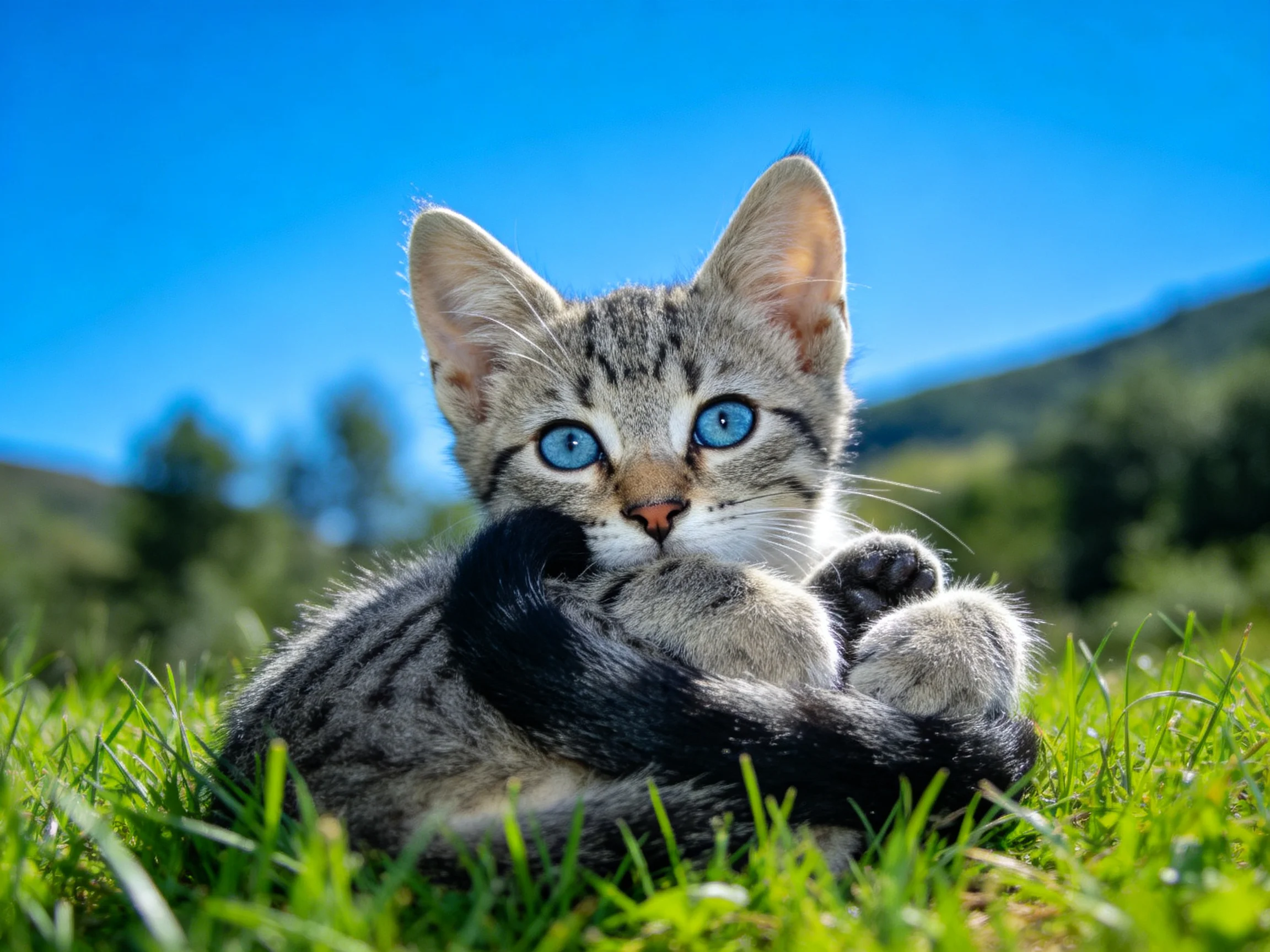 短毛家猫躺在绿色草地上,蓝色眼睛明亮清澈,灰色带纹的被毛在阳光下清晰可见。