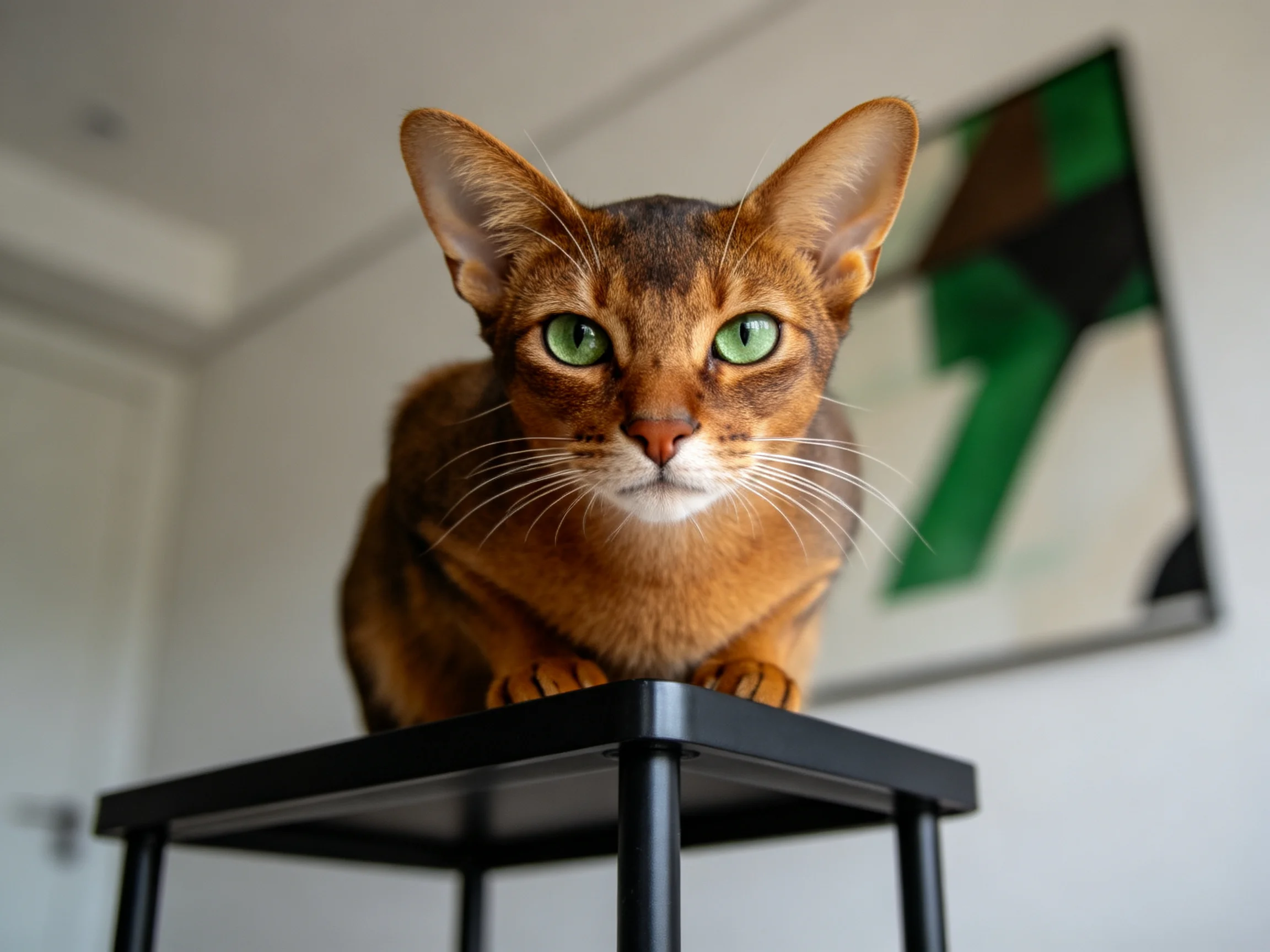 埃塞俄比亚猫站在黑色小桌上,绿色眼睛明亮,红棕色被毛富有光泽。