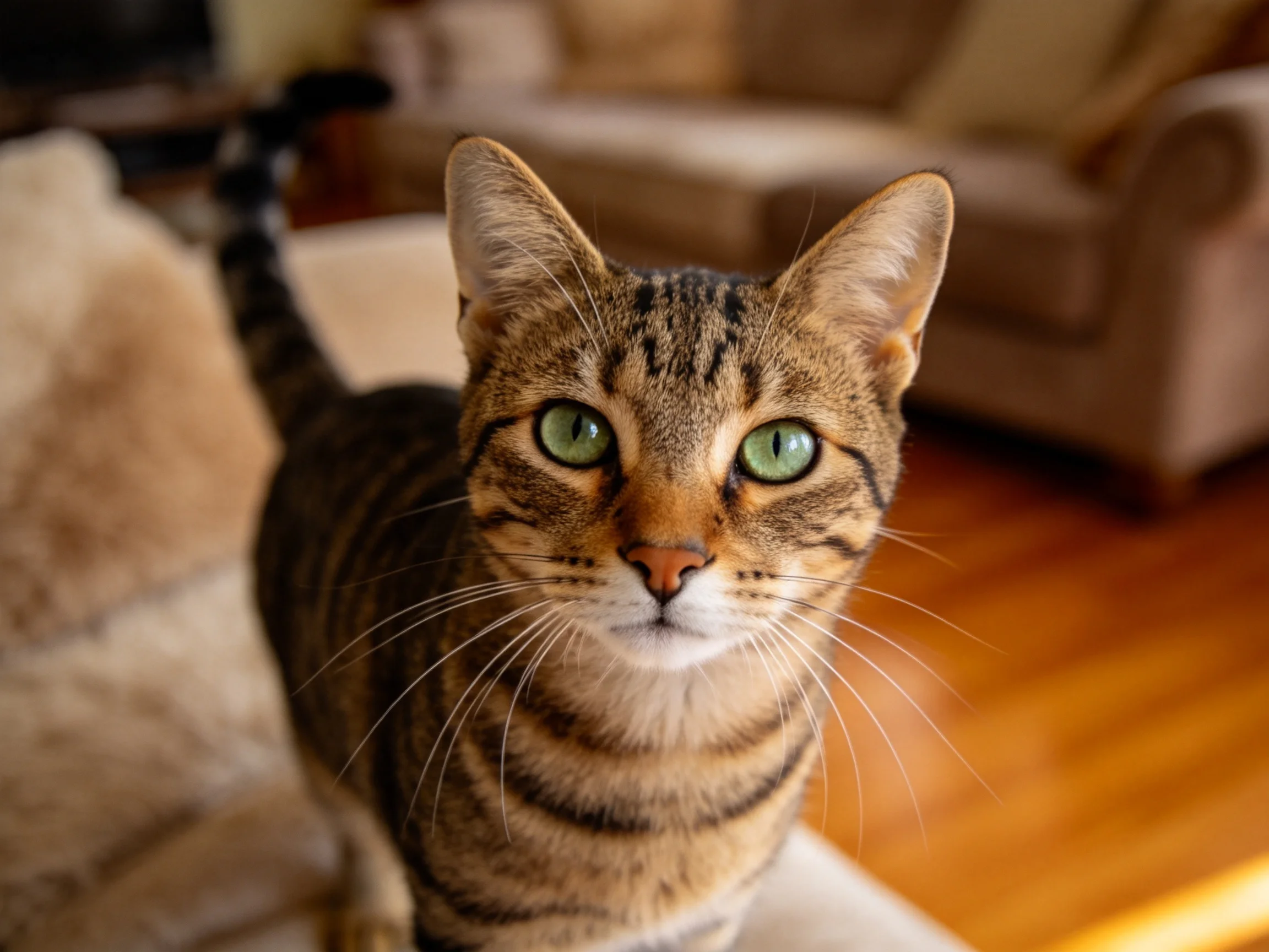 斑纹短毛猫拥有明亮的绿色眼睛和独特的虎斑纹理,皮毛柔软顺滑。