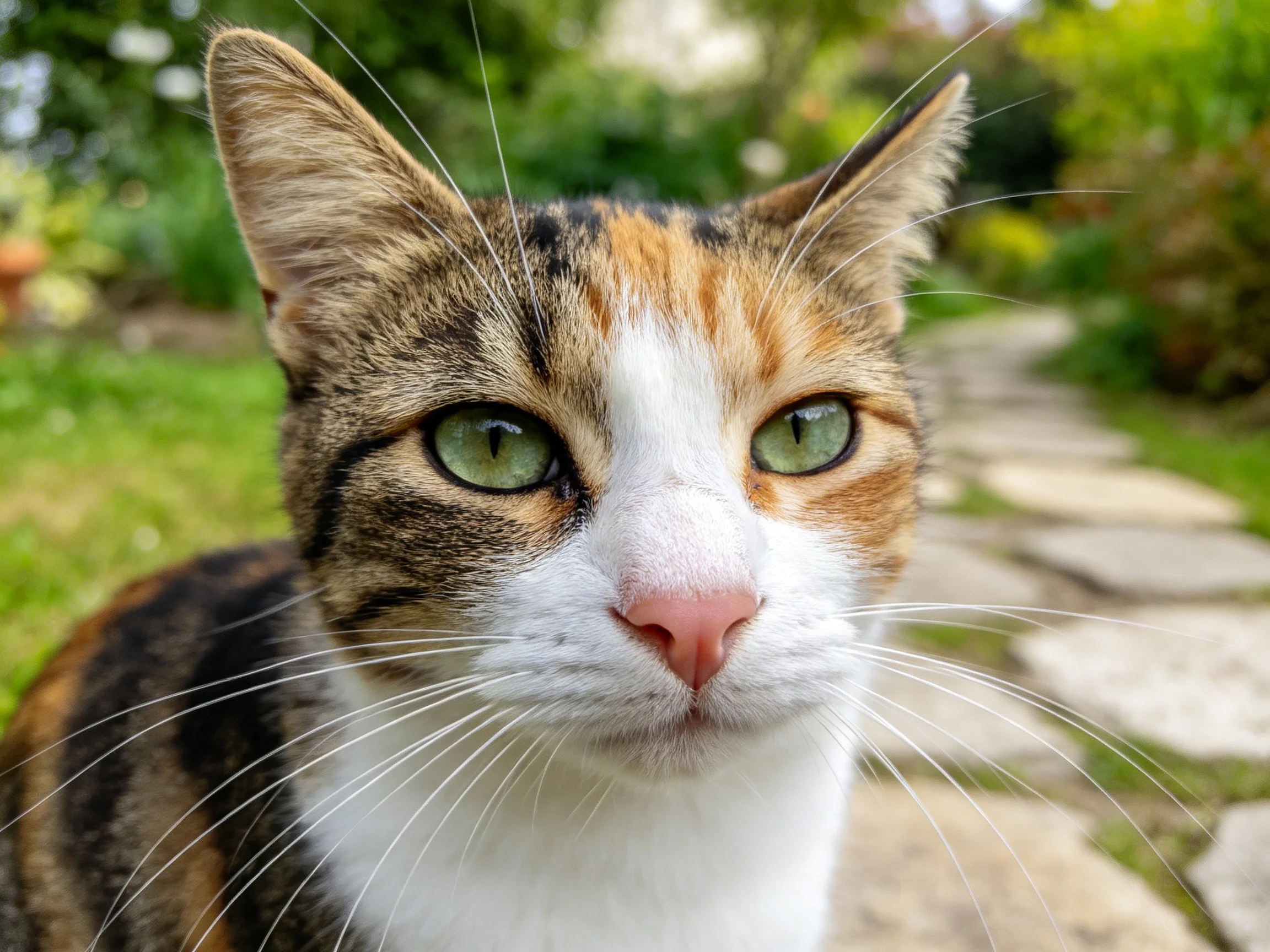 三色短毛家猫正安静注视镜头,其绿色眼睛明亮清澈,毛发纹理清晰可见。