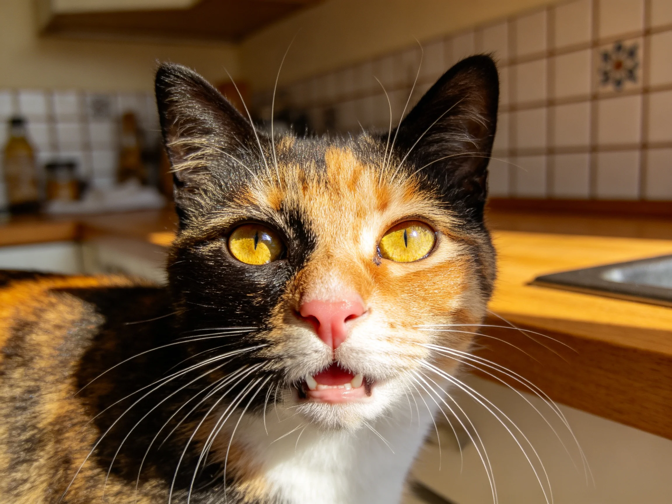 一只三色短毛家猫,拥有黑色、橙色与白色相间的毛发,黄色的眼睛,处于厨房环境中。