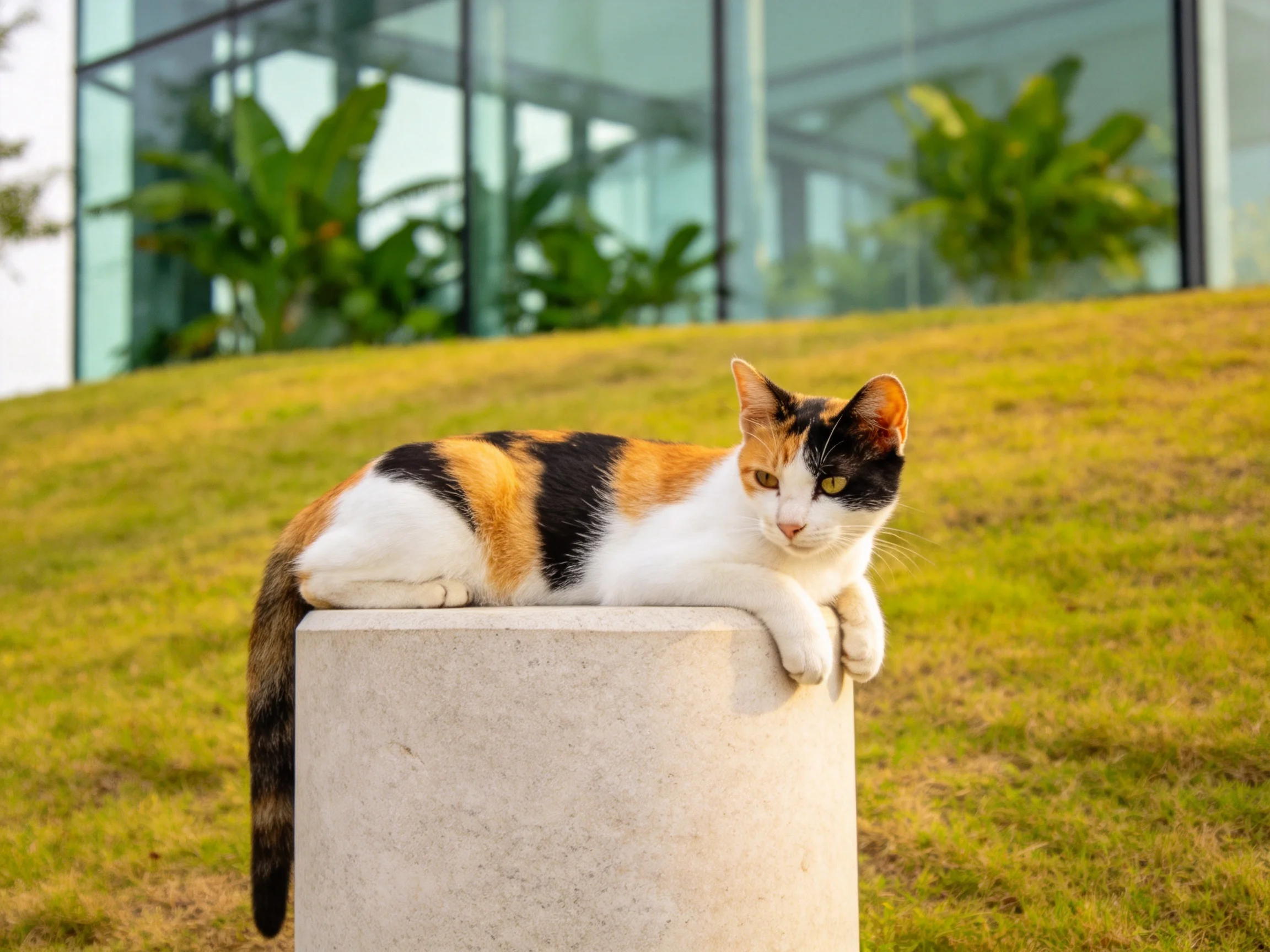 一只三色短毛家猫趴在混凝土块上,耳朵竖起注视前方。