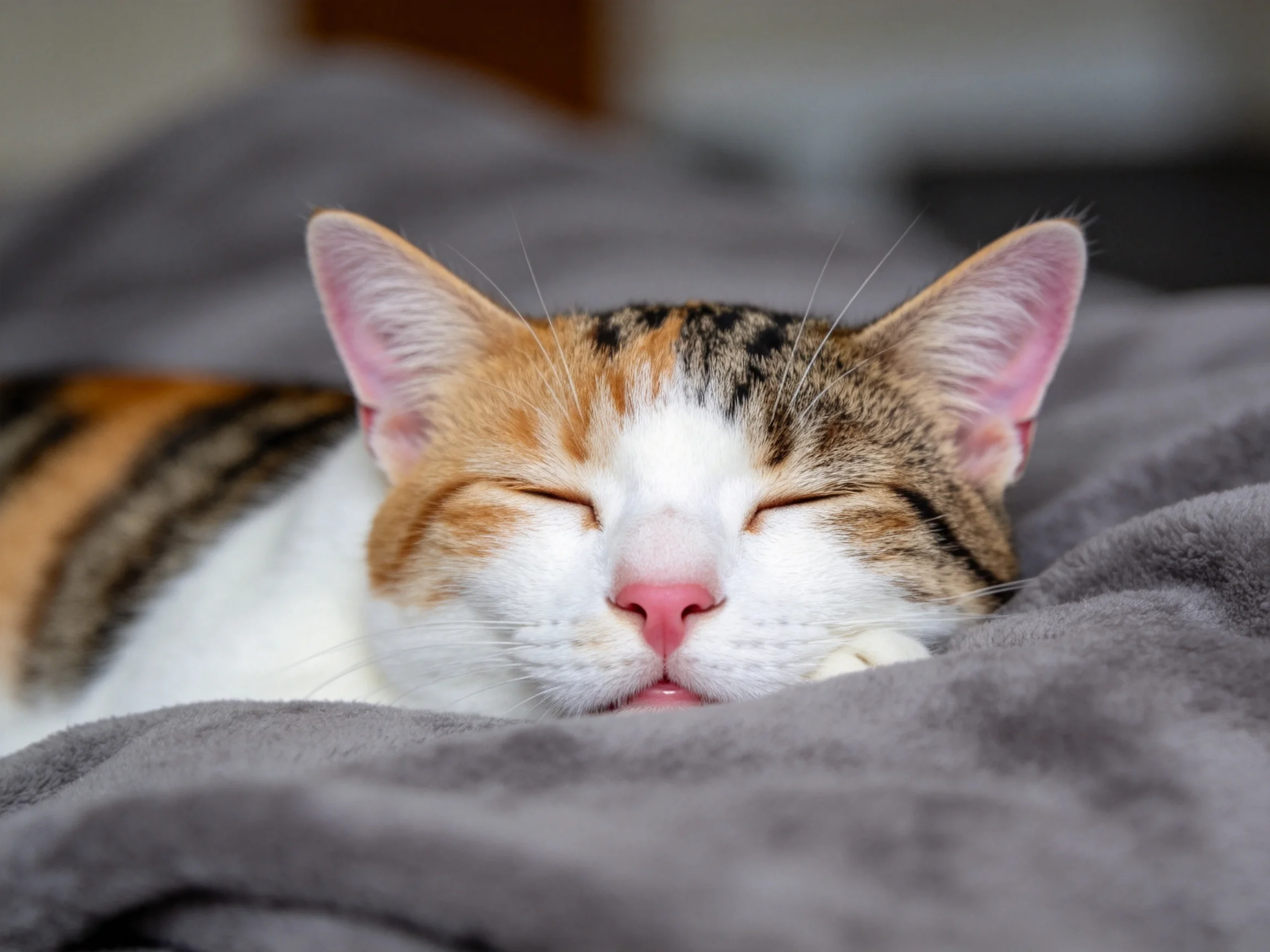 三色短毛家猫双眼紧闭,粉红色鼻头清晰,趴在灰色毯子上休息。