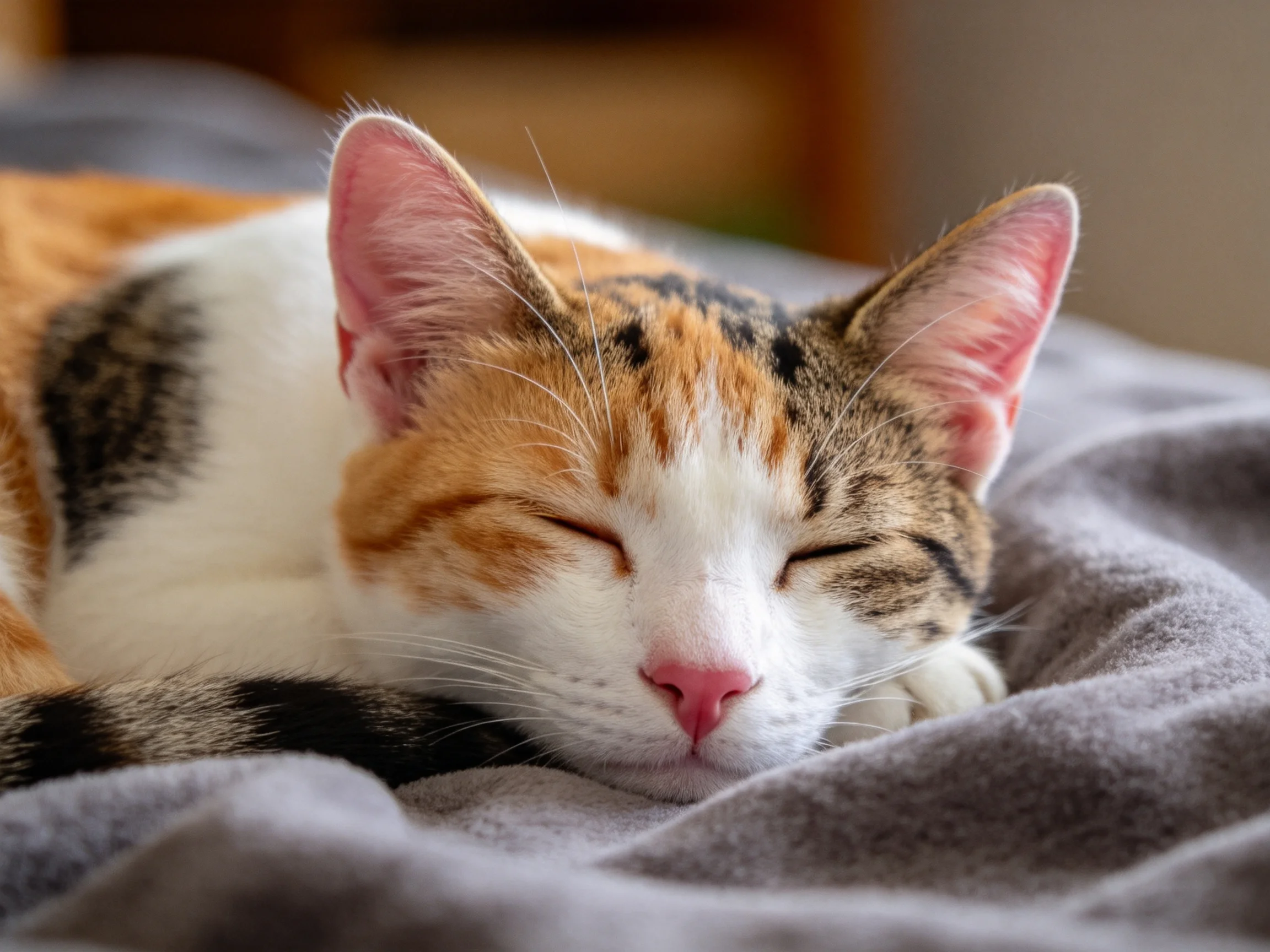 三色短毛家猫闭眼休息,毛发有橙、黑、白三种颜色,趴卧在织物上。