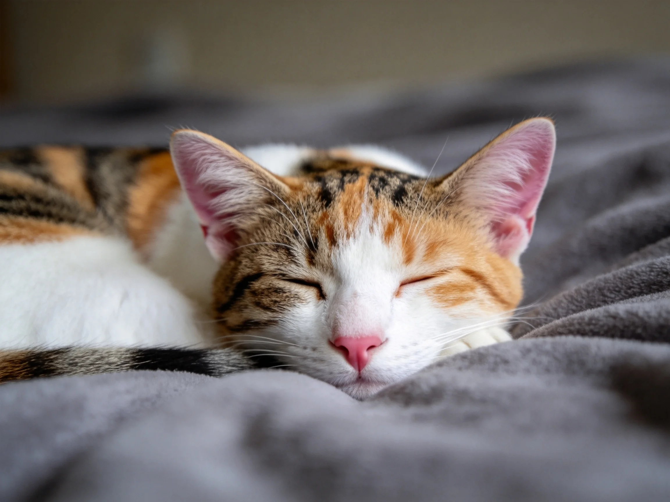 三色短毛家猫的淡粉色鼻头贴在灰色织物上,双眼闭合处于睡眠状态。