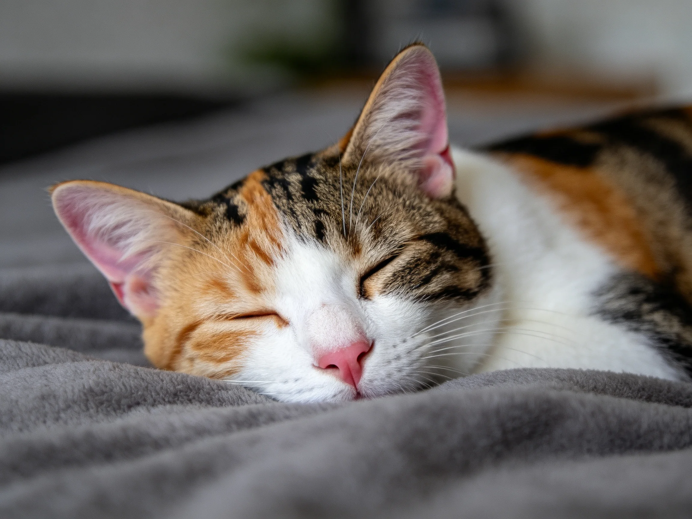 三色短毛家猫安静地躺着,白色、黑色和橙色被毛清晰可见,处于睡眠状态。