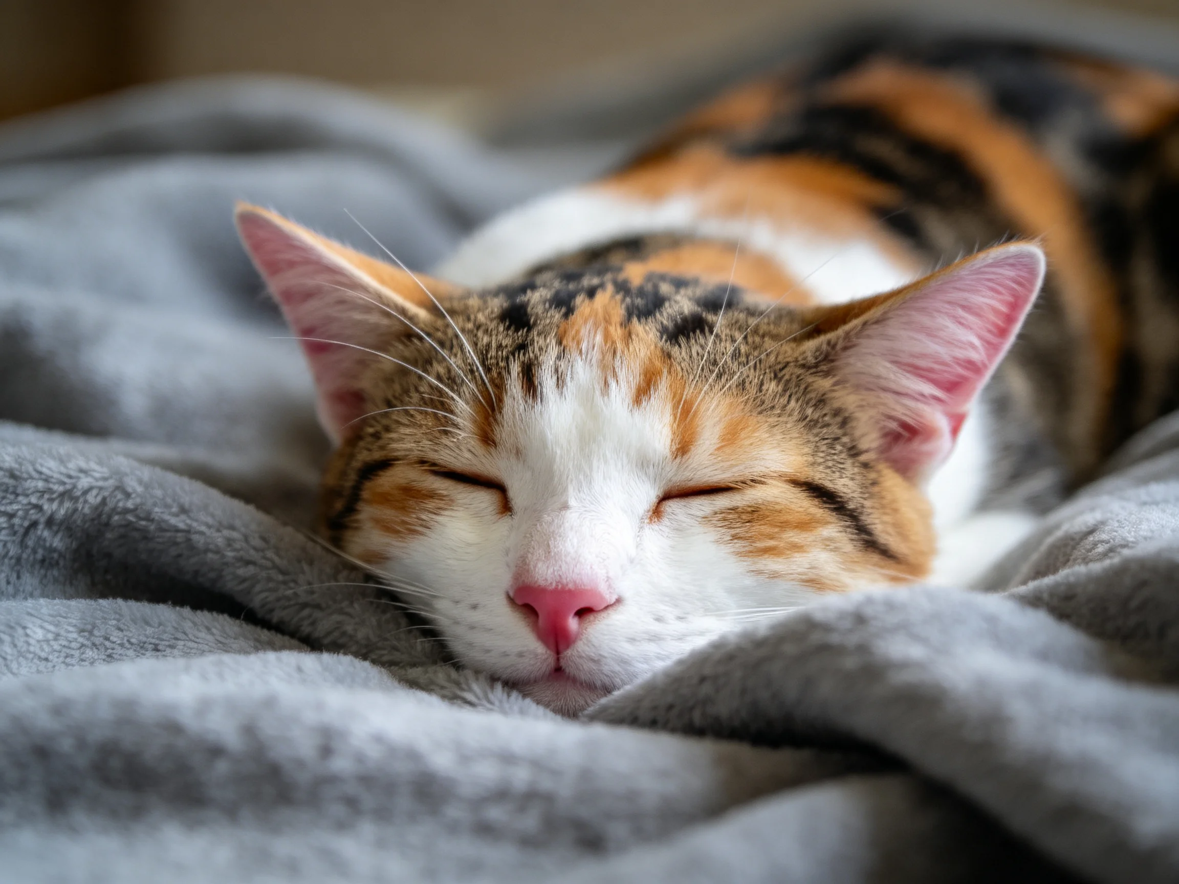 三色短毛家猫安静地躺着，粉红色鼻头与橙黑白相间的毛发清晰可见，处于放松状态。