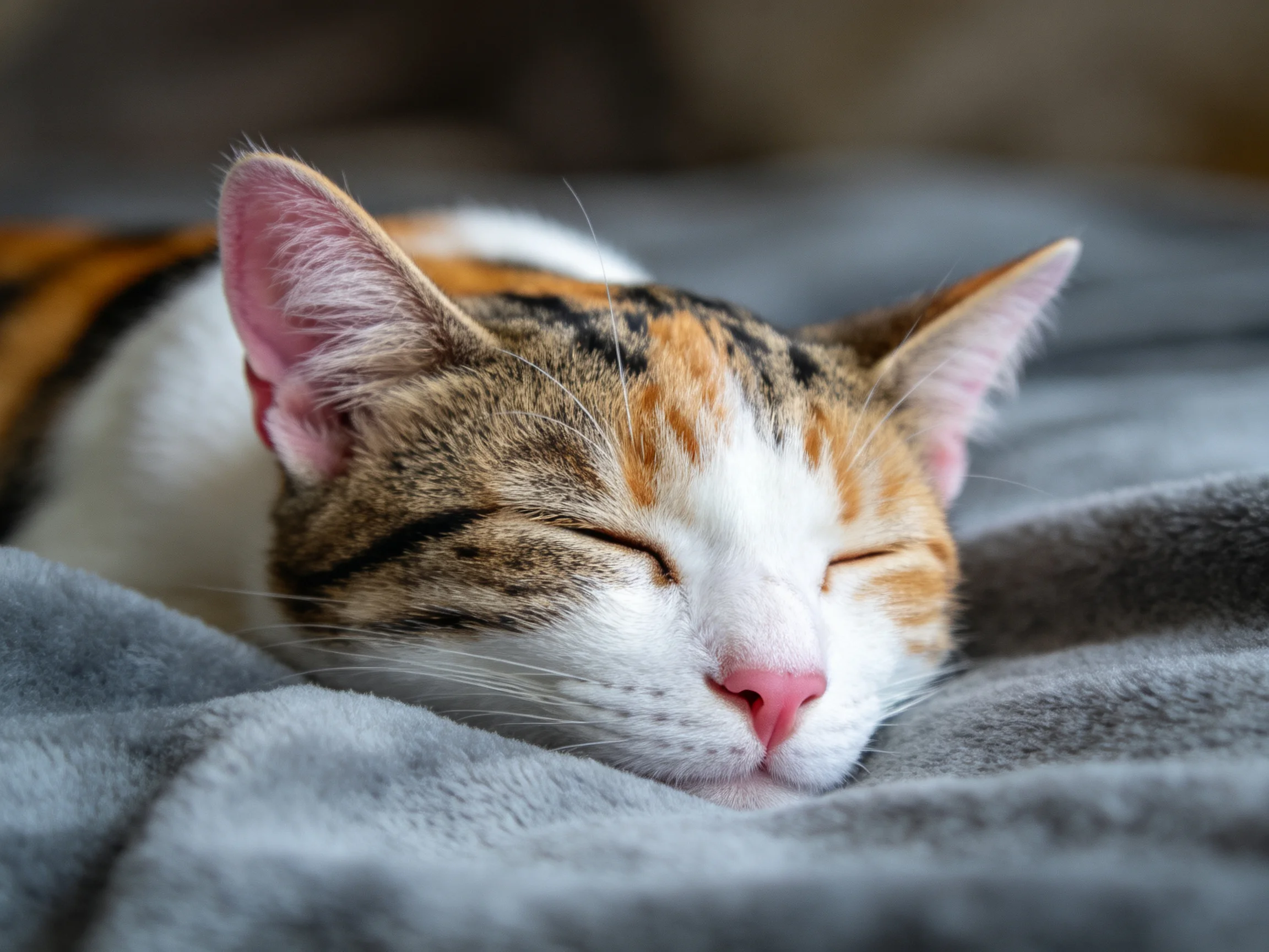 三色短毛家猫闭眼休息,粉红色鼻尖清晰可见,毛发柔软贴附在毛毯上。