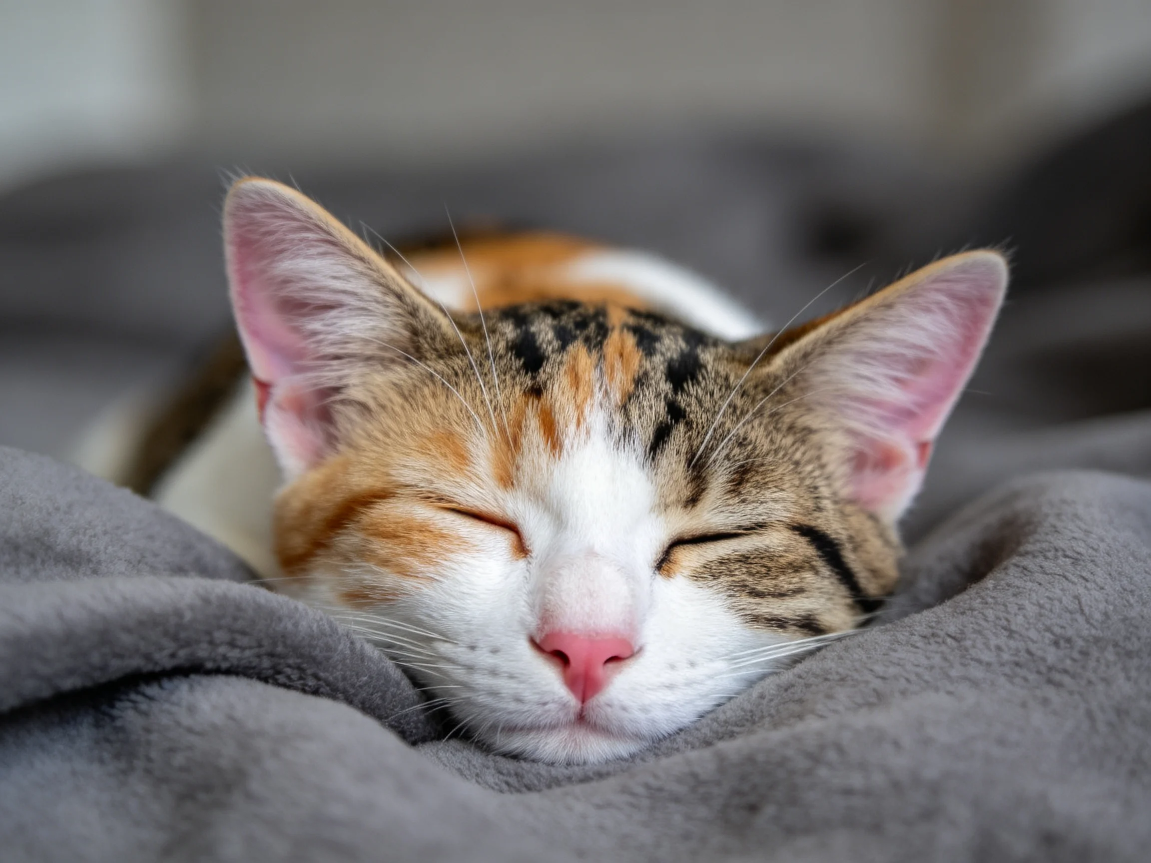 三色短毛家猫闭着眼睛地躺在灰色毯子上,白色的鼻子和粉红色耳内侧清晰可见。