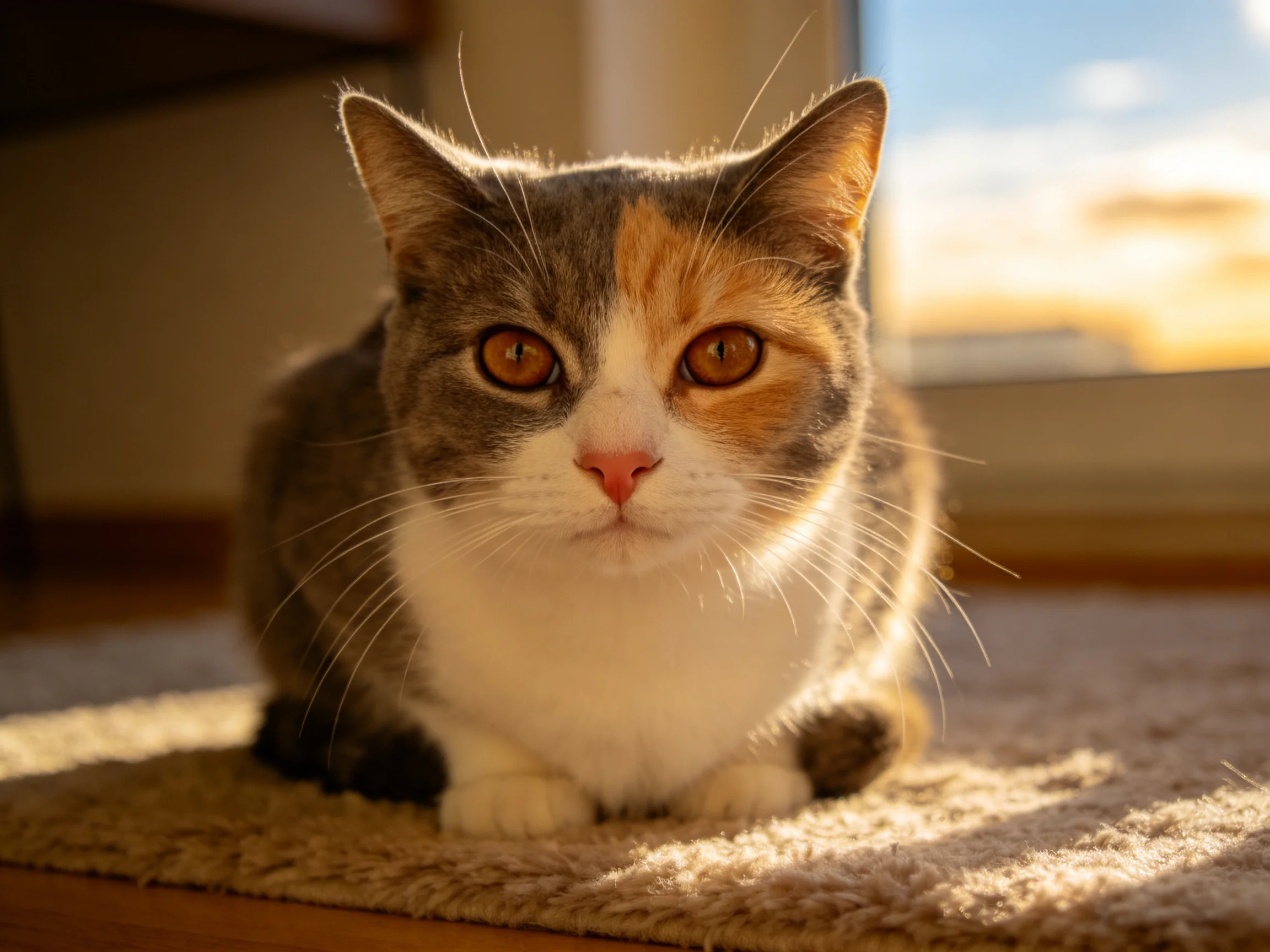 三色短毛猫注视镜头,琥珀色眼睛明亮清澈,毛发柔软蓬松贴附身体表面。