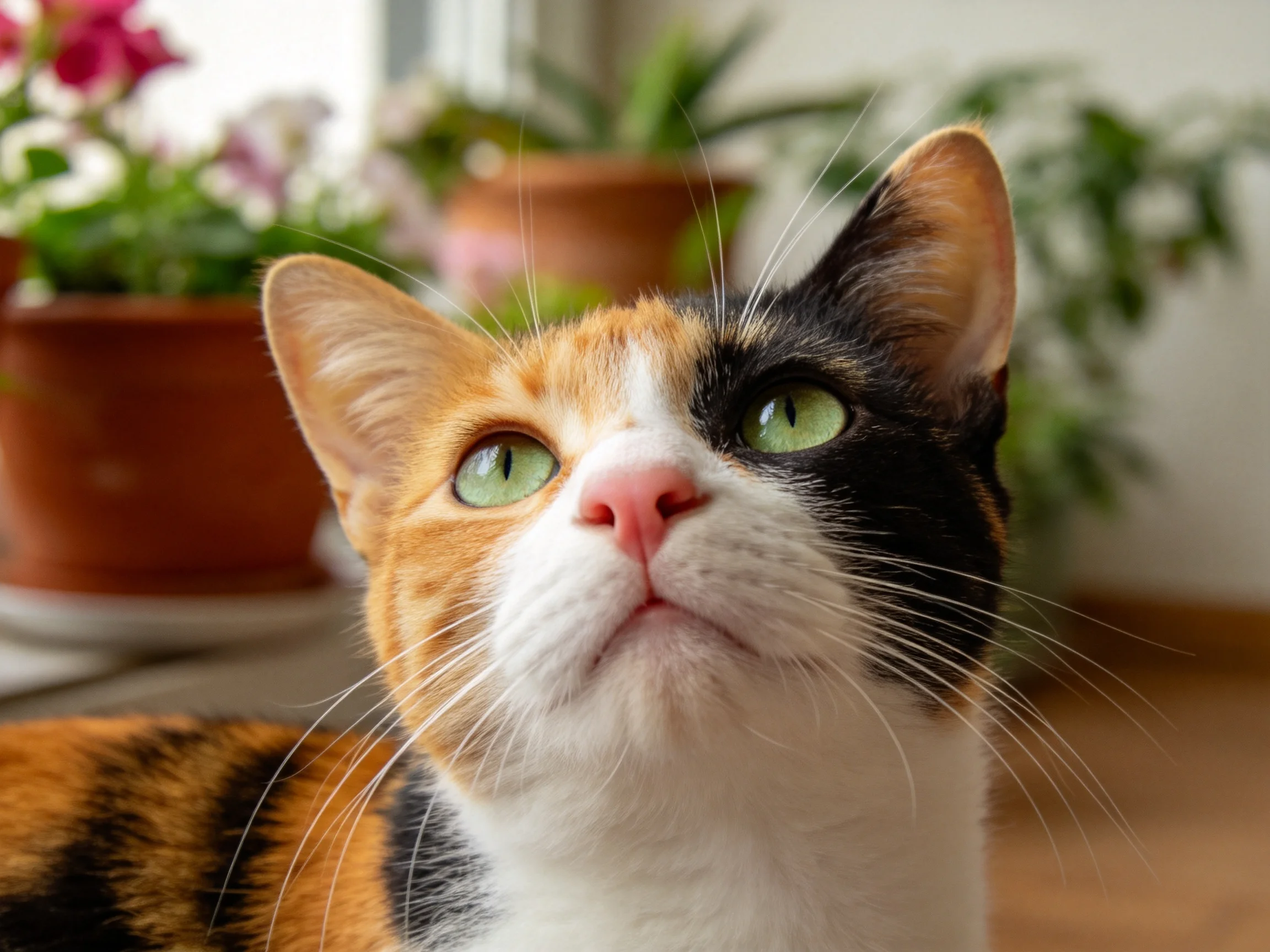 三色短毛家猫有着黑白橙相间的毛发和明亮的绿色眼睛。
