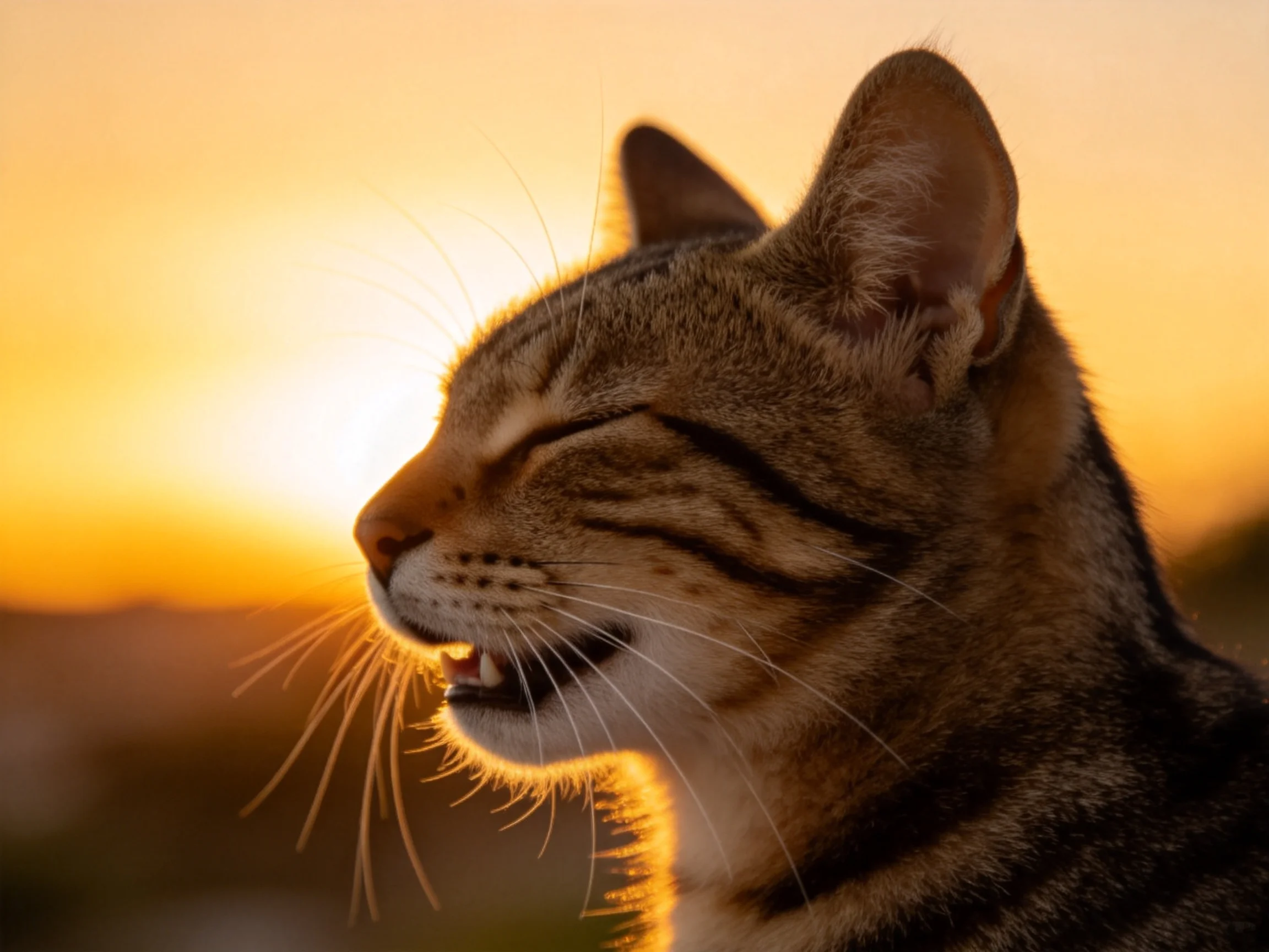 短毛虎斑猫在夕阳下的特写镜头,其虎斑皮毛被暖光照亮,嘴巴微微张开露出部分牙齿。