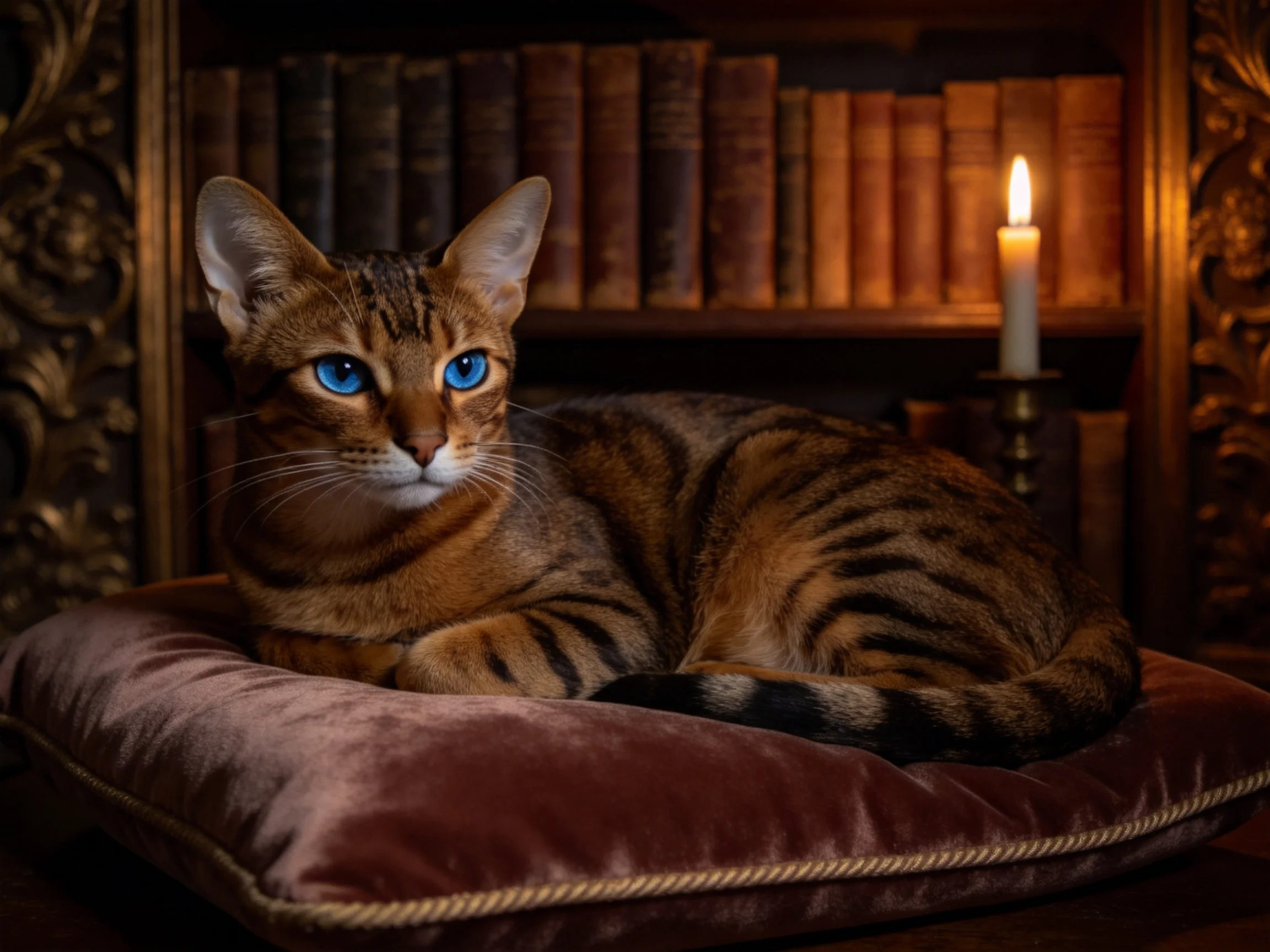 一只蓝眼睛的孟加拉猫趴在绒布垫子上，皮毛有金色底色和黑色条纹，耳朵竖起，眼神专注。