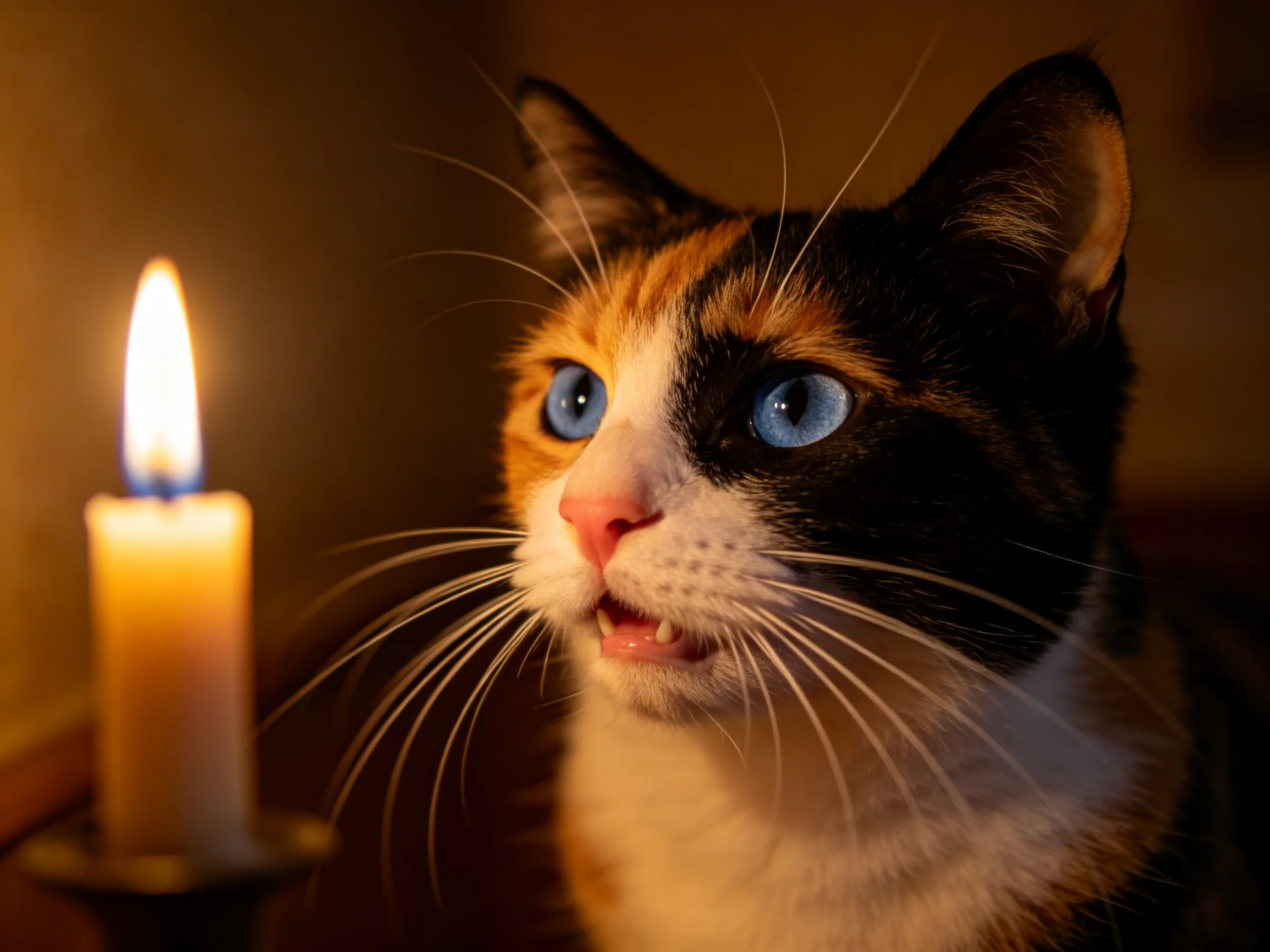 三色短毛家猫蓝眼睛注视烛火,胡须清晰可见且毛发柔软。
