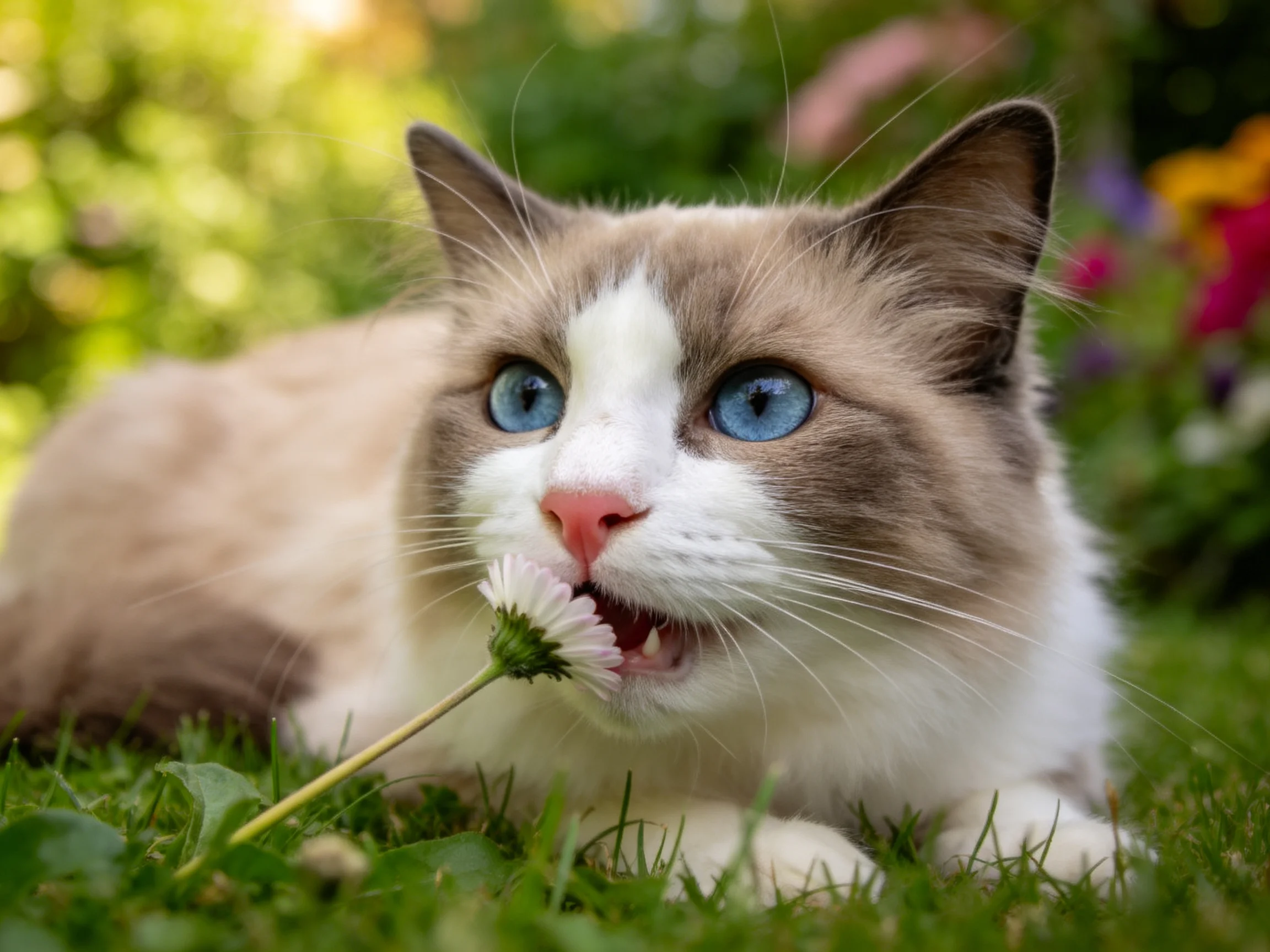 一只蓝眼睛的布偶猫用嘴触碰白色雏菊花瓣,胡须清晰可见。