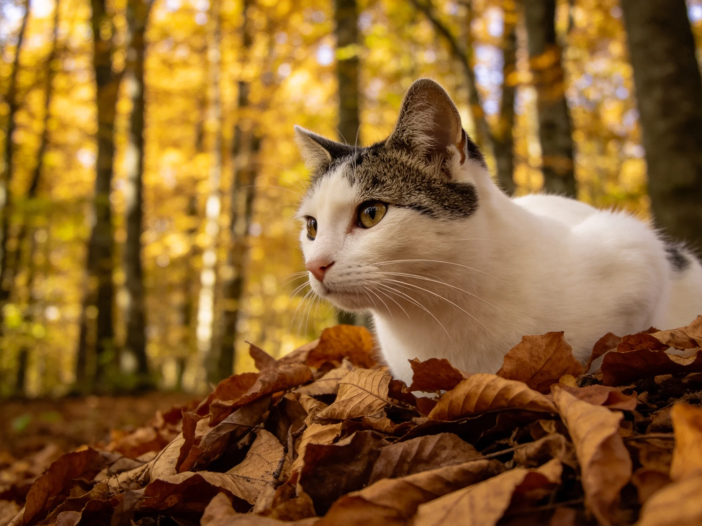 白灰花色短毛家猫趴在枯黄落叶上,白色毛发与灰色斑纹清晰可见,眼神专注地观察着远方。