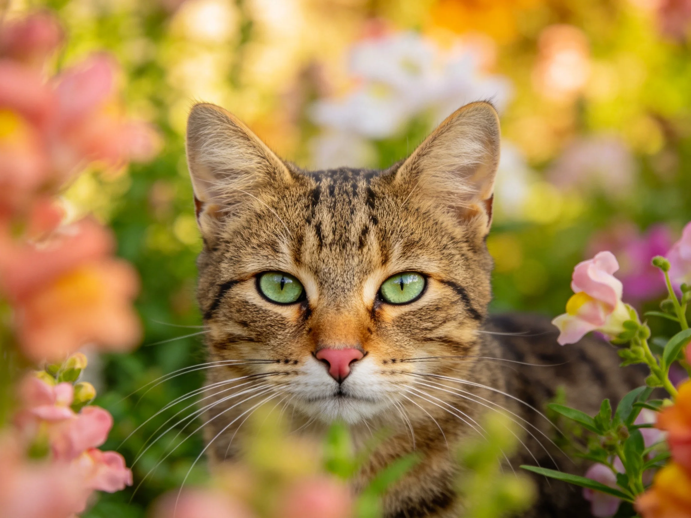 短毛虎斑猫拥有明亮的绿色眼睛,正安静地观察周围色彩丰富的花卉。